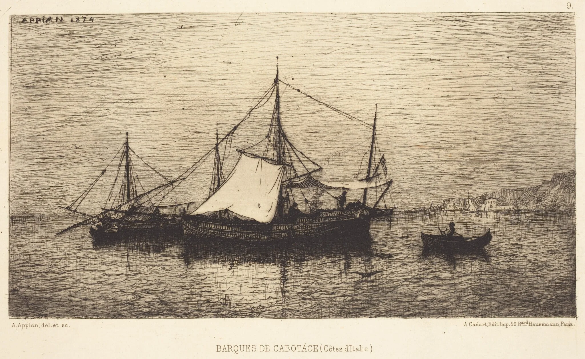 Barques de Cabotage, by Adolphe Appian, ink, 1858