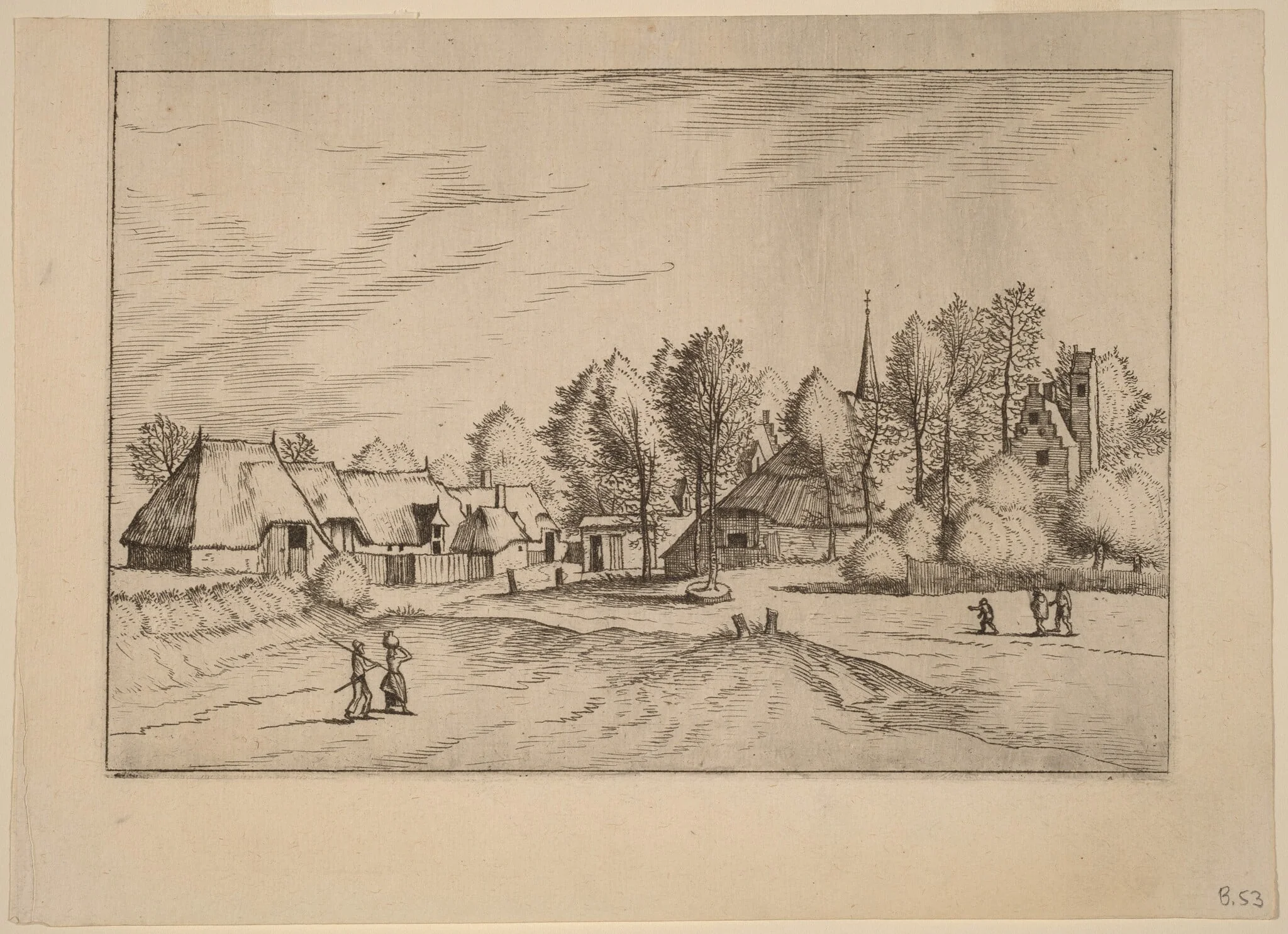 Country Village with Church Tower, by Lucas van Doetechum, ink, 1560