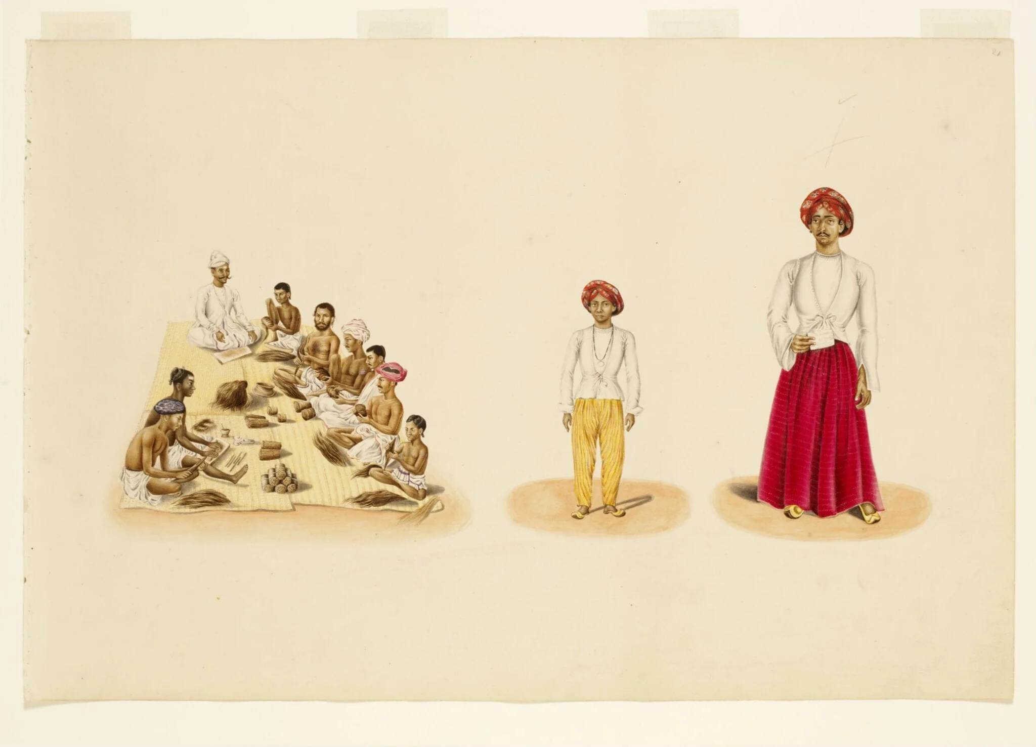 7 seated men making bidis (cigarettes)