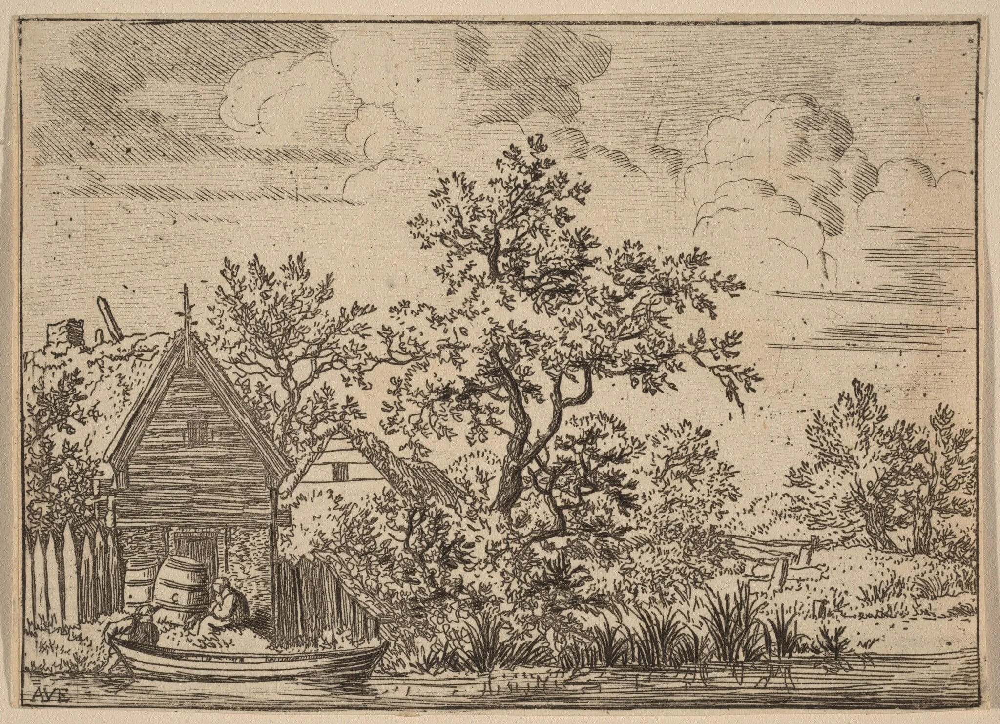 Two Casks in Front of a Cottage, by Allart van Everdingen, ink, 1650