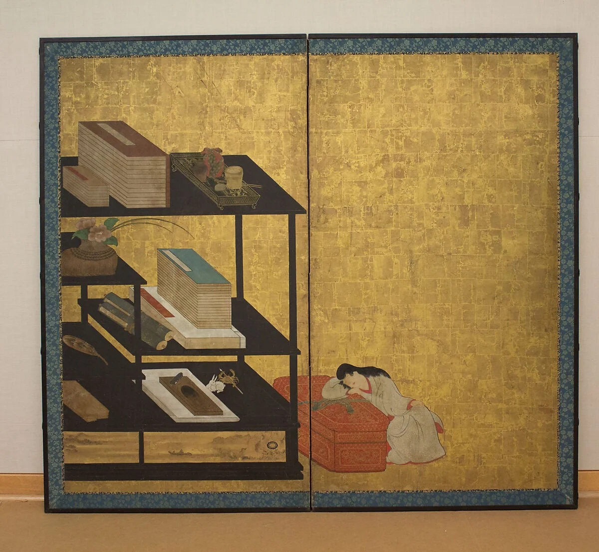 室内風俗図屏風|Interior Scene with Books and Writing Implements, by Unknown, ink, 1640