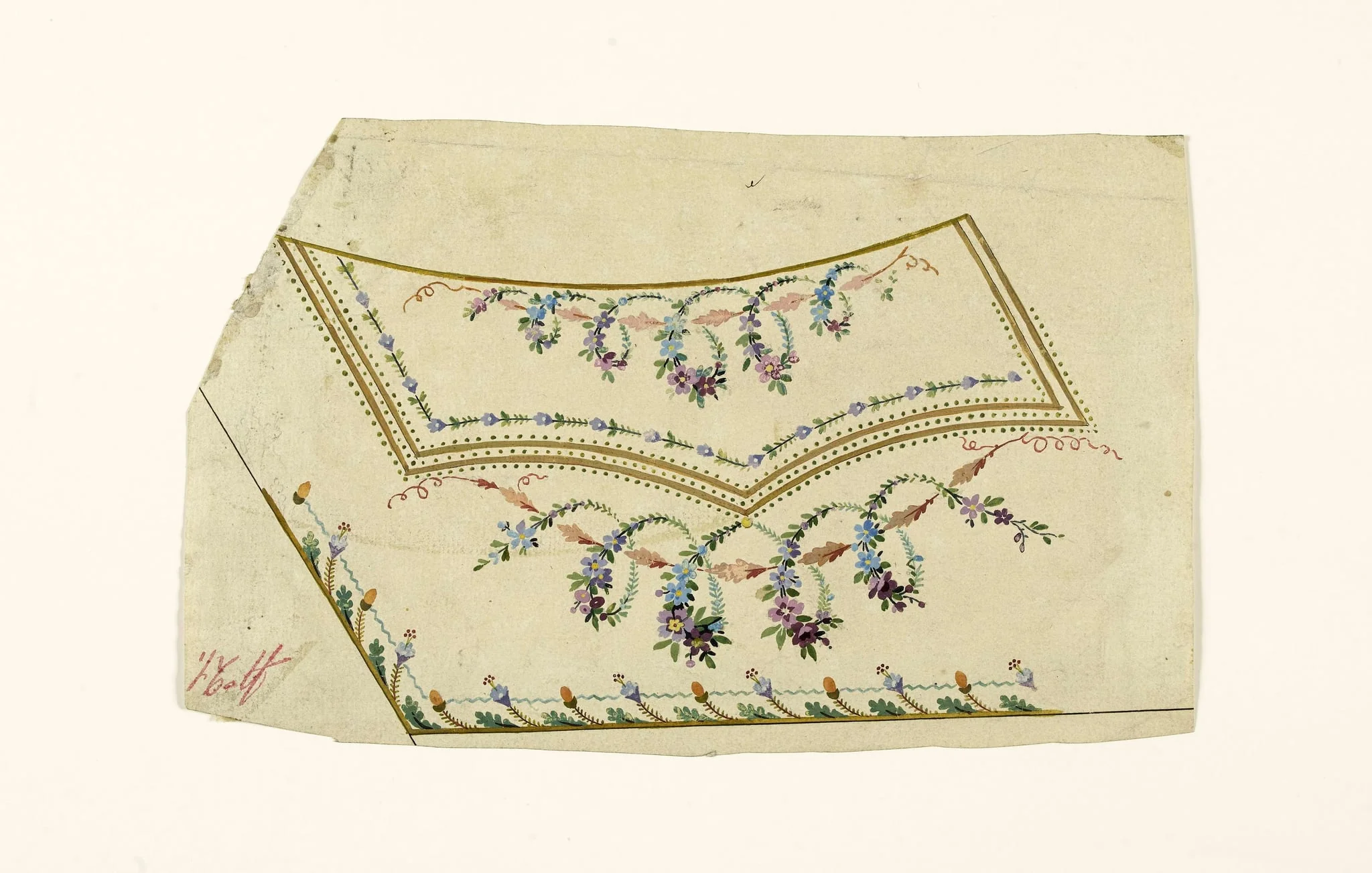Composition avec guirlandes de fleurs torsadées, frises de fleurs stylisées et de perles vertes, projets de broderies de gilet, XVIIIème siècle
