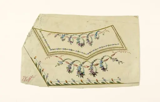 Composition avec guirlandes de fleurs torsadées, frises de fleurs stylisées et de perles vertes, projets de broderies de gilet, XVIIIème siècle