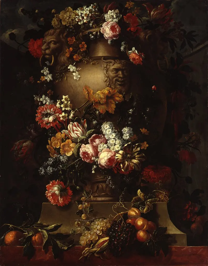 Stone Vase with Garlands of Flowers and Fruit