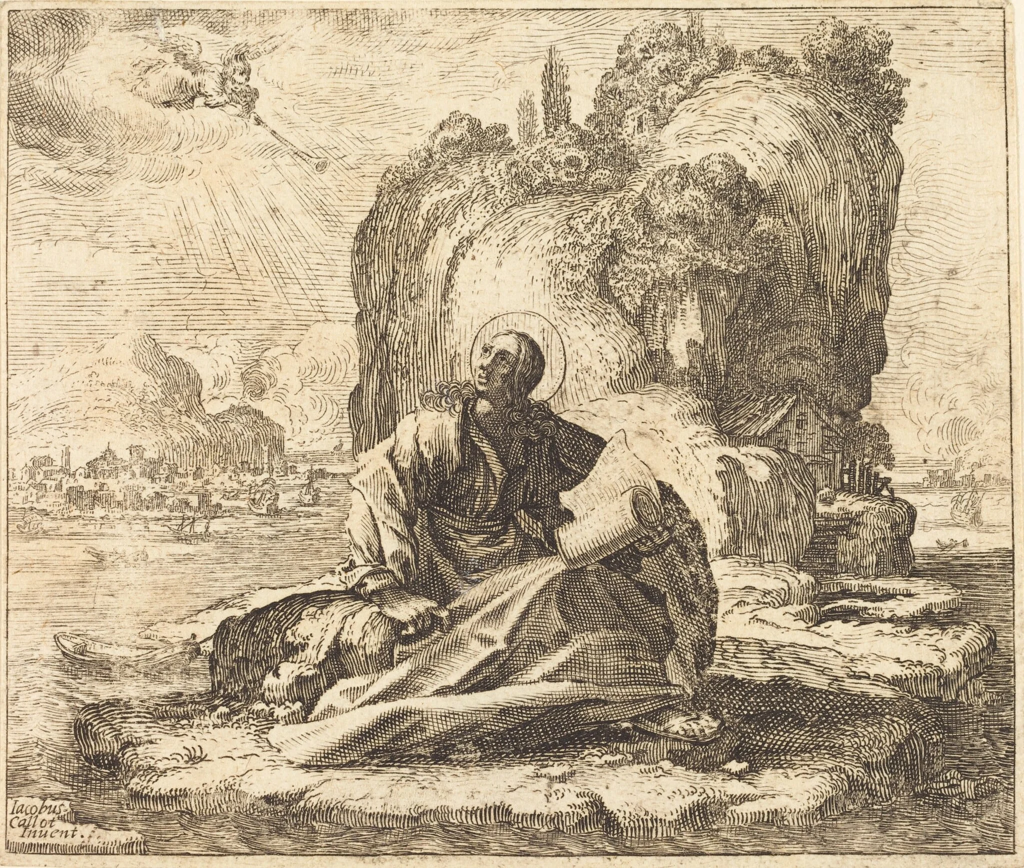 Saint John on the Isle of Patmos, by François Collignon, ink, 1630