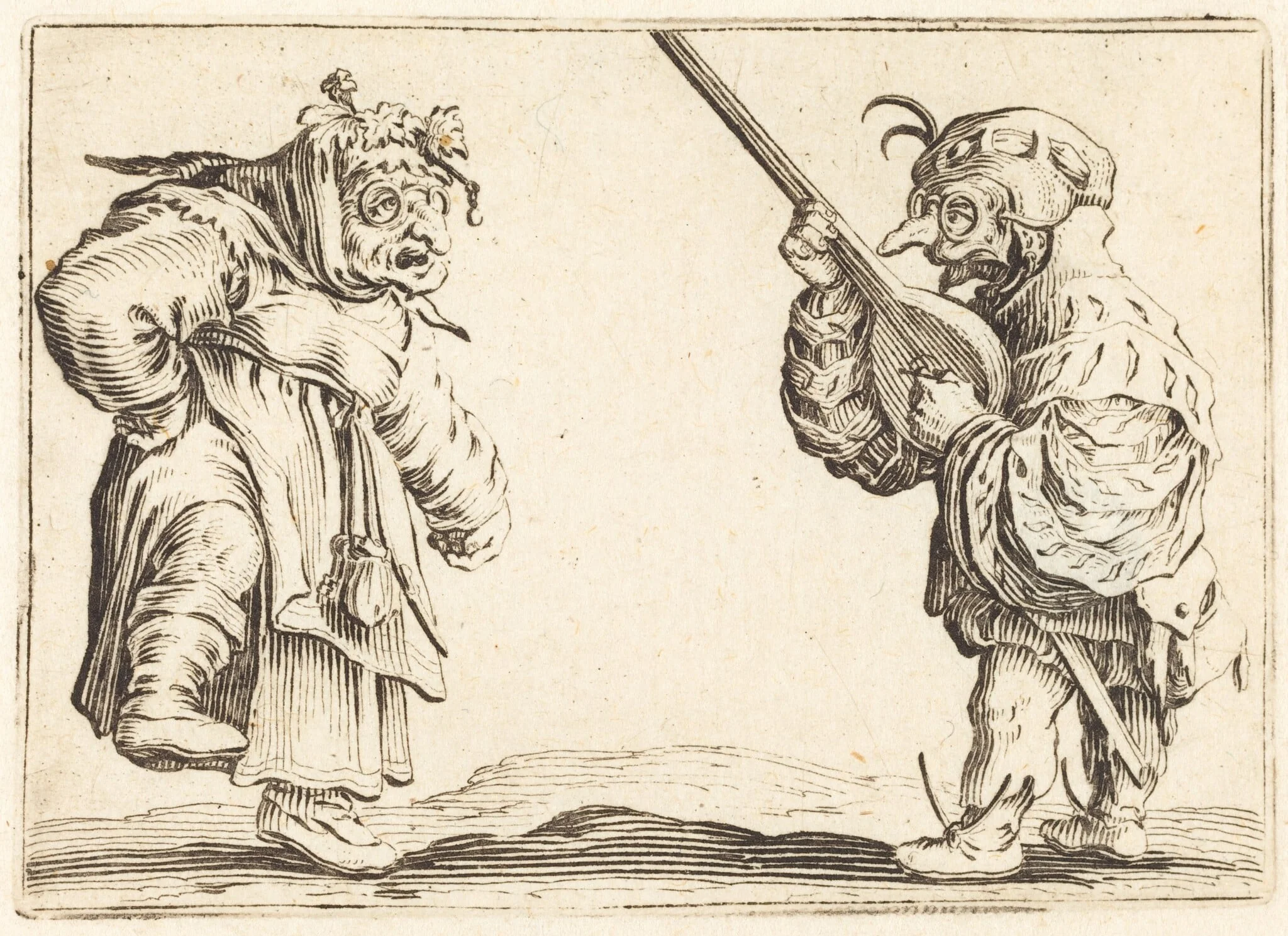 Dancers with Lute, by Jacques Callot, ink, 1622