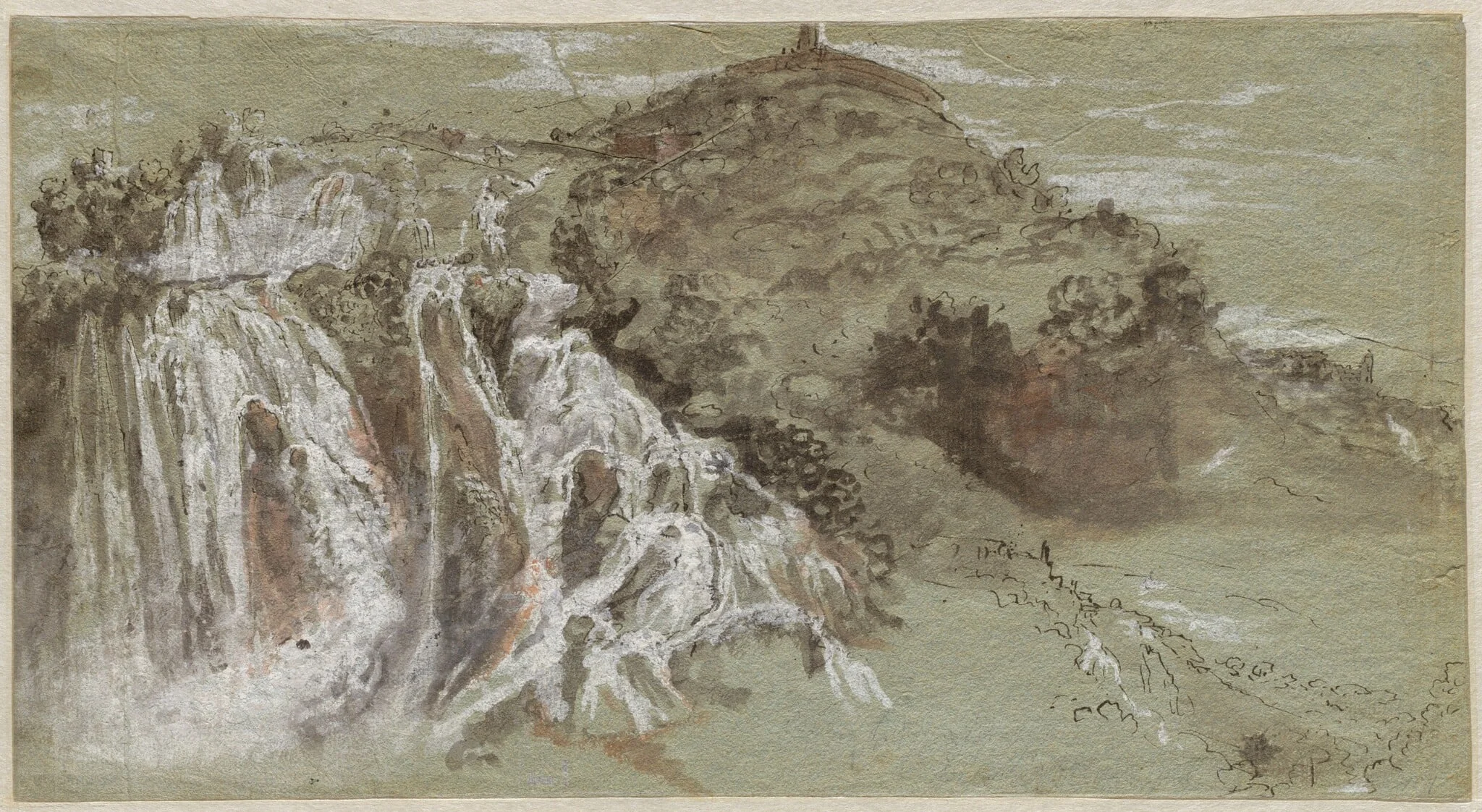 The Waterfalls at Tivoli (recto), by Joachim Franz Beich, ink, 1709