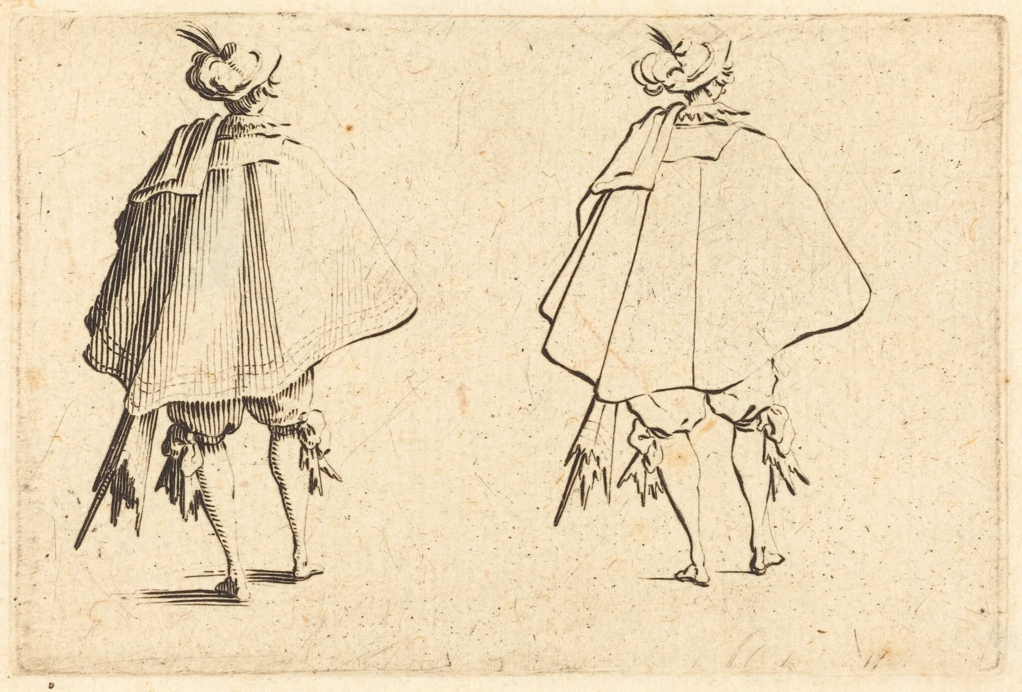 Gentleman in Large Mantle, Seen from Behind, by Jacques Callot, ink, 1622