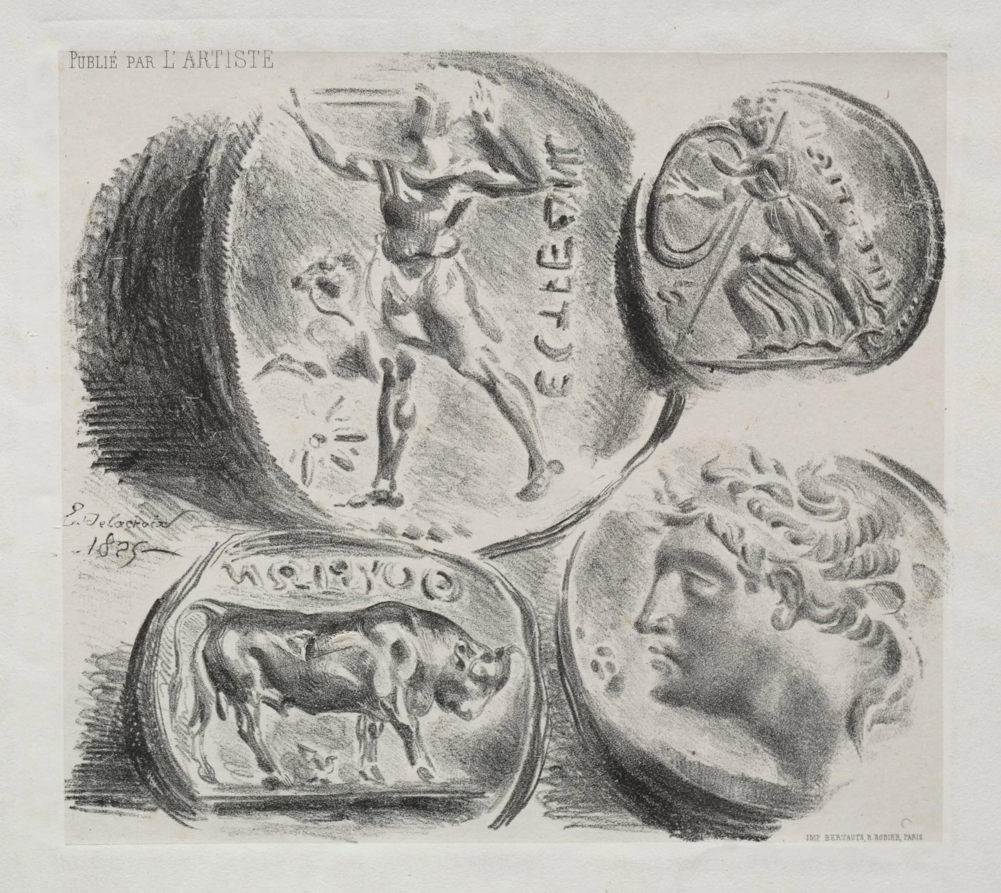 Sheet with Four Antique Medals, by Eugène Delacroix, 1825