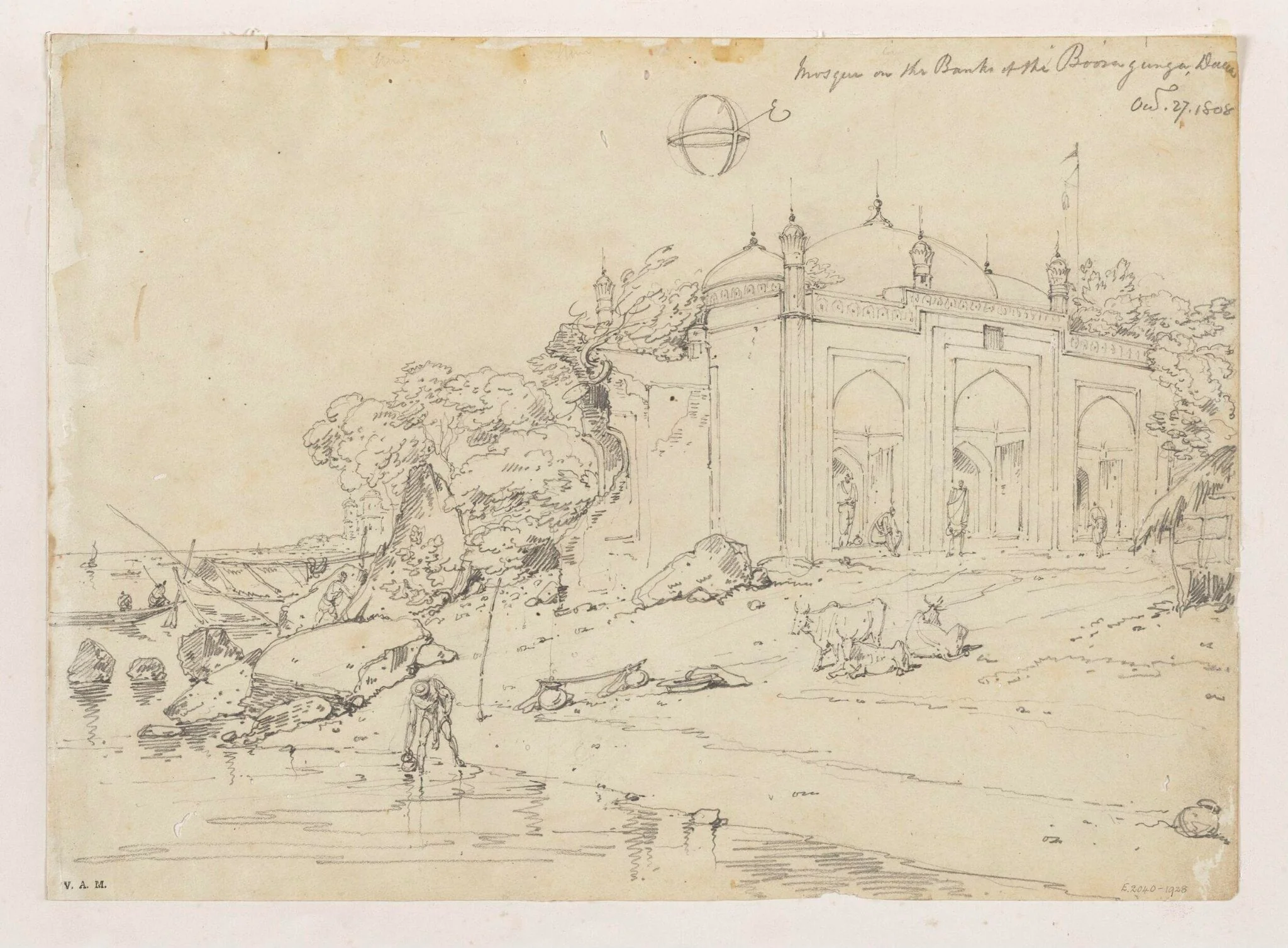 A mosque on the banks of the Buriganga River, Dhaka, Bangladesh, by George Chinnery, 18