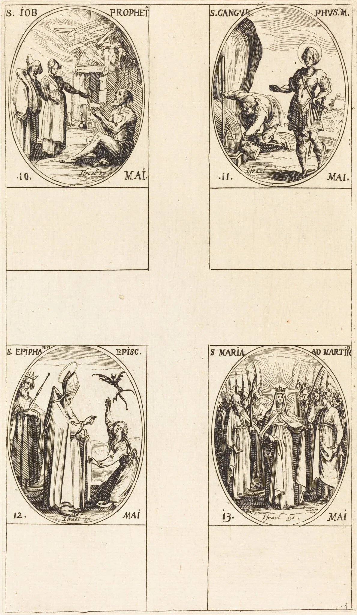 St. Job, Prophet; St. Gangulphus; St. Epiphanius; St. Mary of Martyrs, by Jacques Callot, ink, 1634