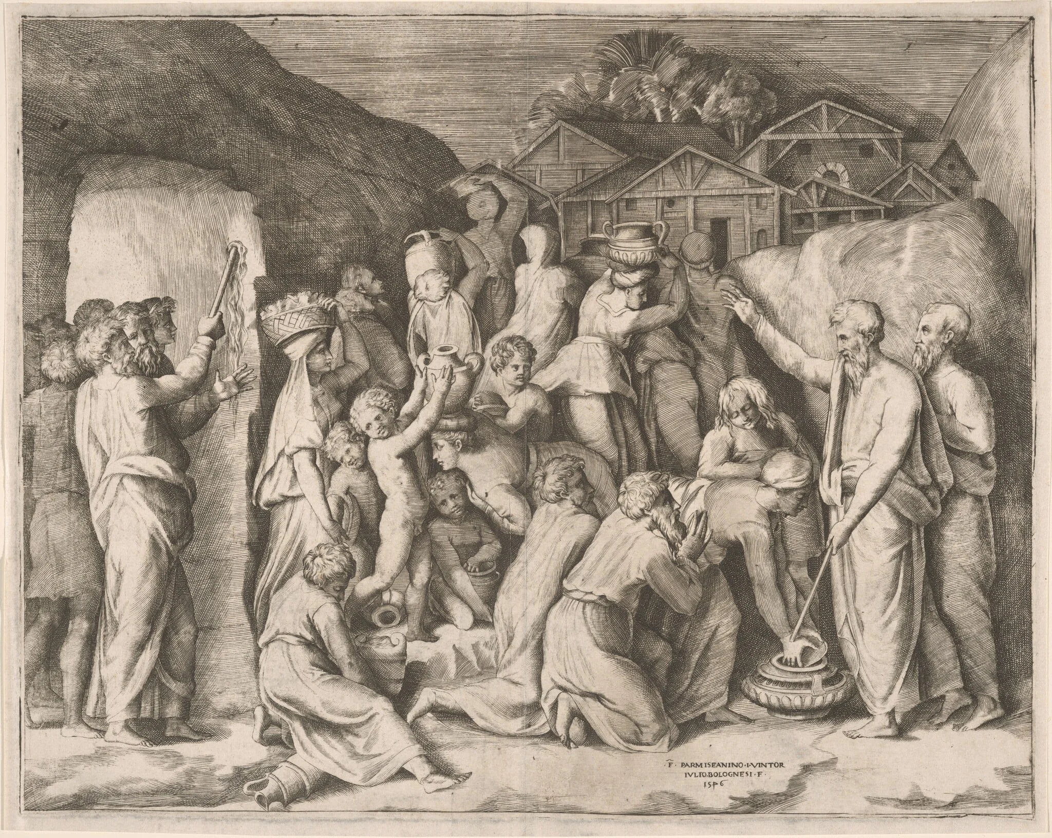 Moses Striking Water from the Rock, by Giulio Bonasone, ink, 1546