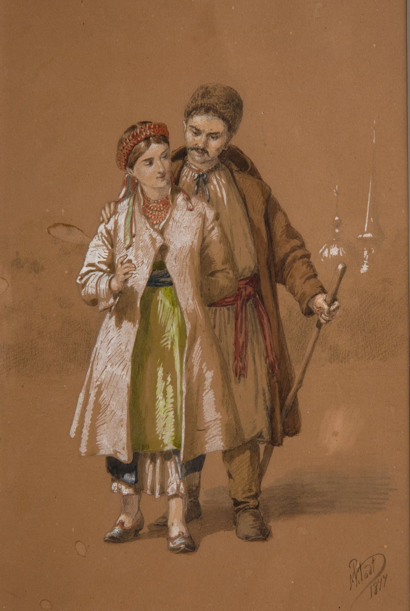 Venäläisiä kansallispukuja, (Mies ja nainen), luonnos, by Mihail Petrovits Clodt