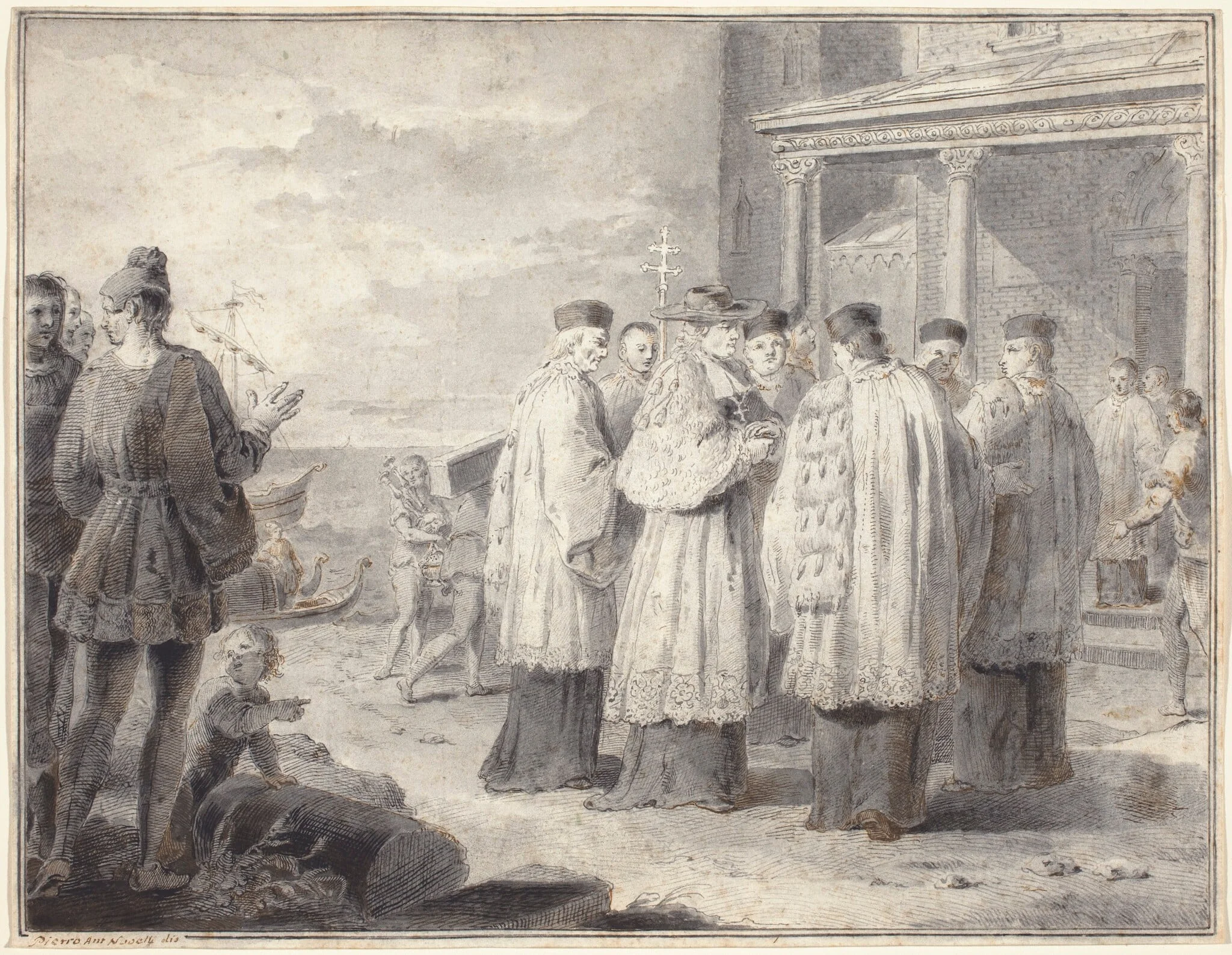 Paulinus, Cardinal and Patriarch of Aquileia, Transfers His Seat to Grado, by Pietro Antonio Novelli, ink, 1796