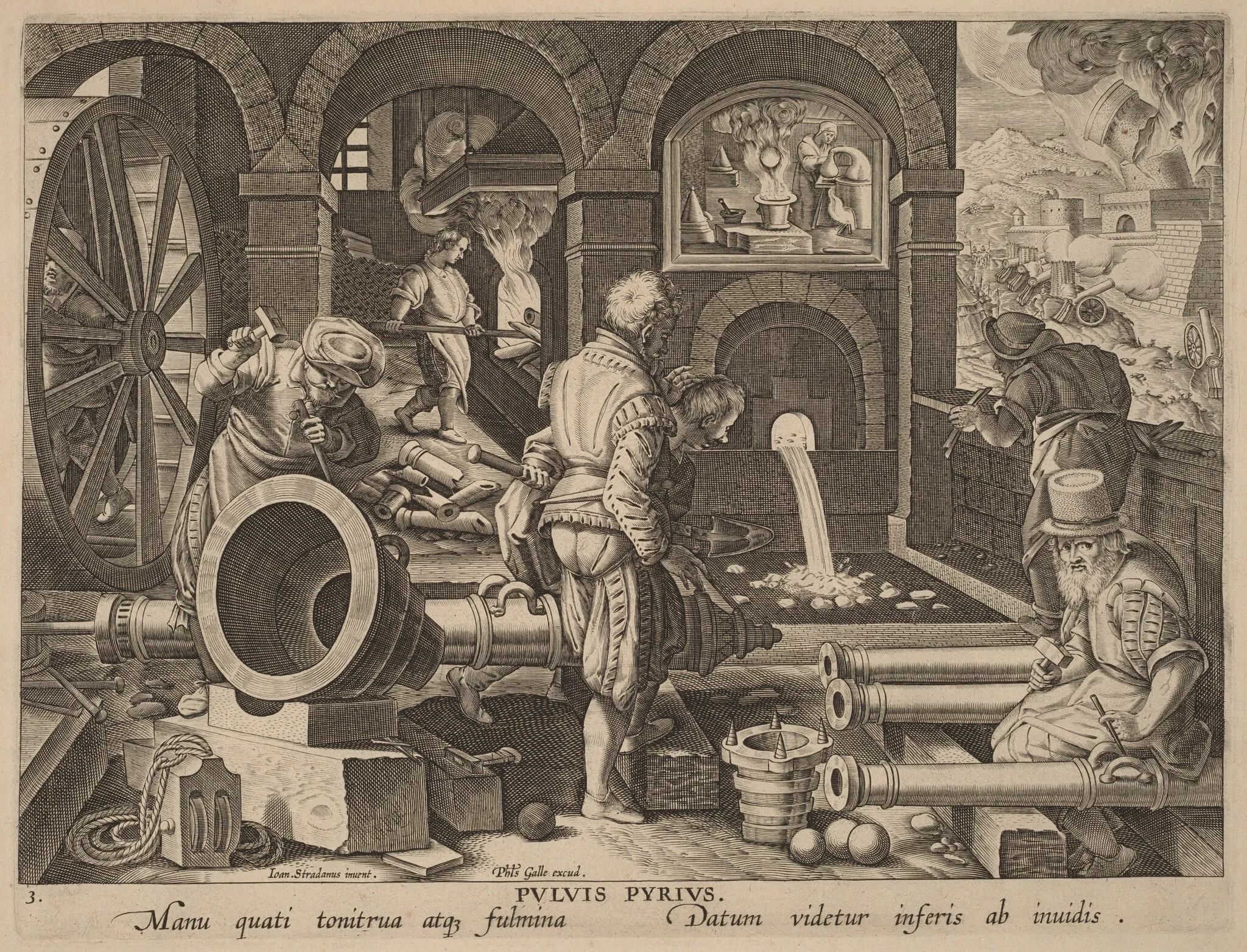 Pulvis Pyrius (Gunpowder), by Philip Galle, ink, 1592