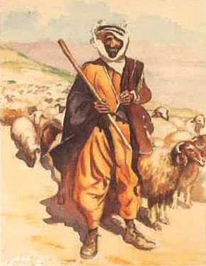 A Sheep herder at the outskirts of Baalbek, by Moustafa Farroukh, watercolor, 1939