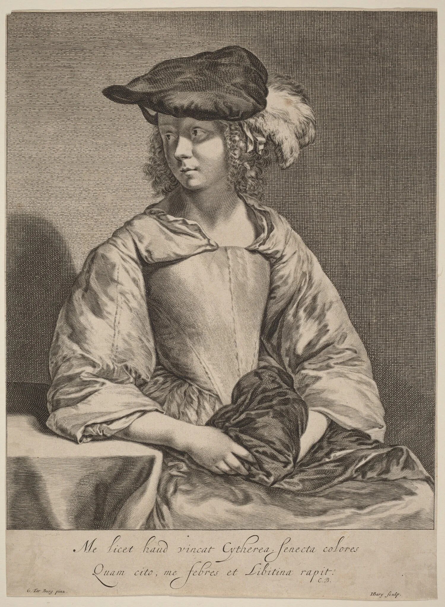 Girl in a Plumed Hat, by Hendrick Bary, ink, 1674