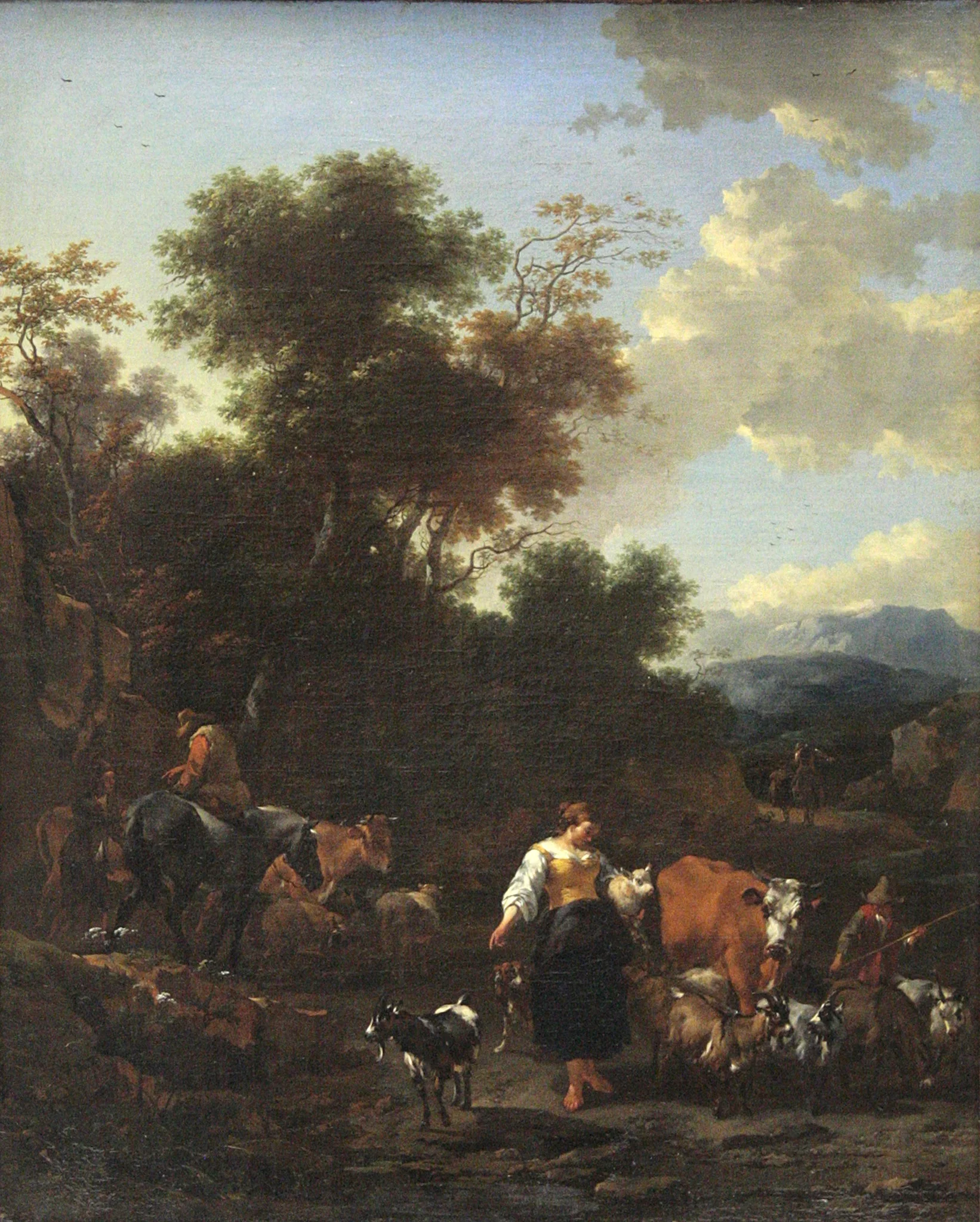 Italian Landscape with Shepherds at a River, by Nicolaes Pieterszoon Berchem, oil, 1652