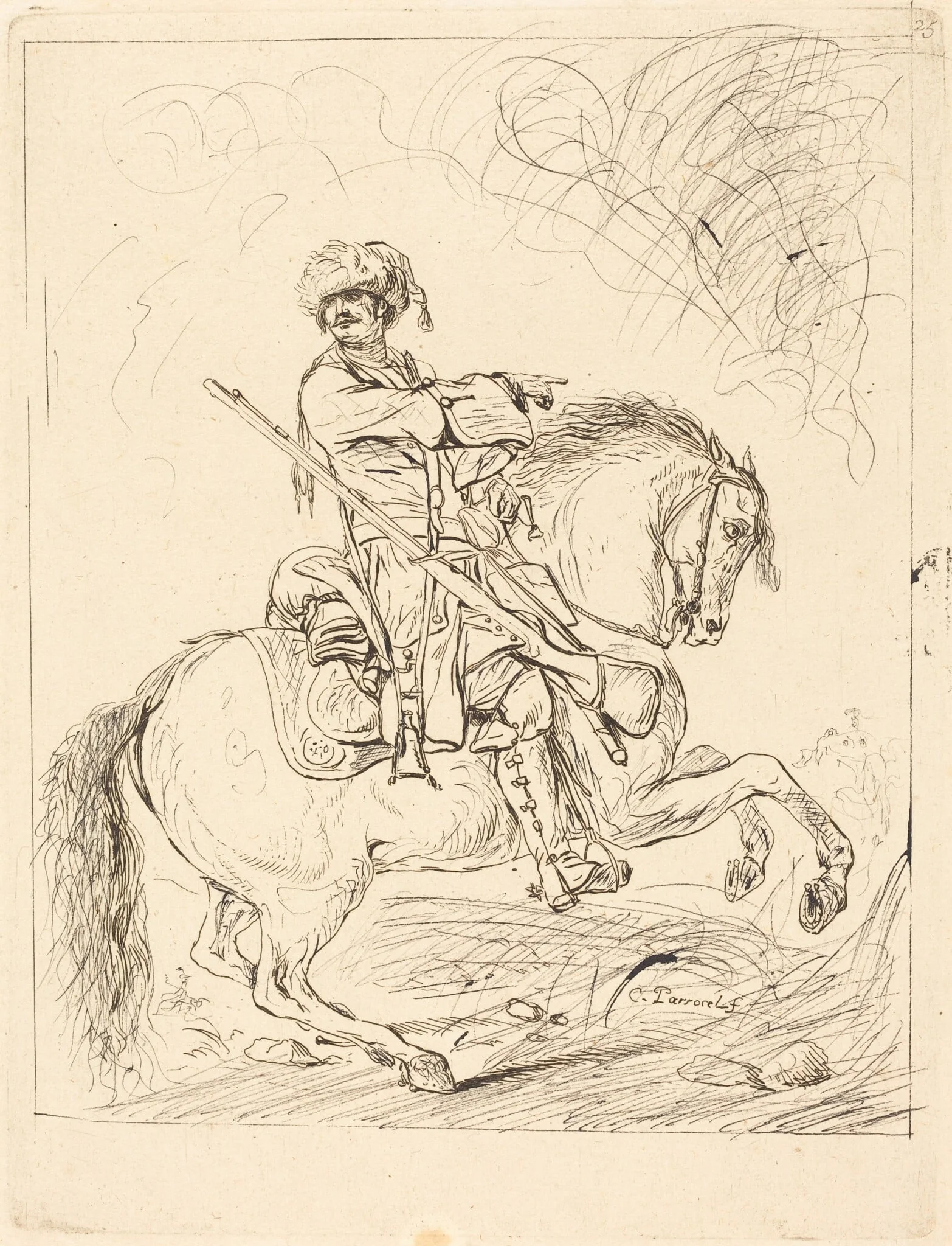 A Dragoon on Horseback, by Charles Parrocel, ink, 1730