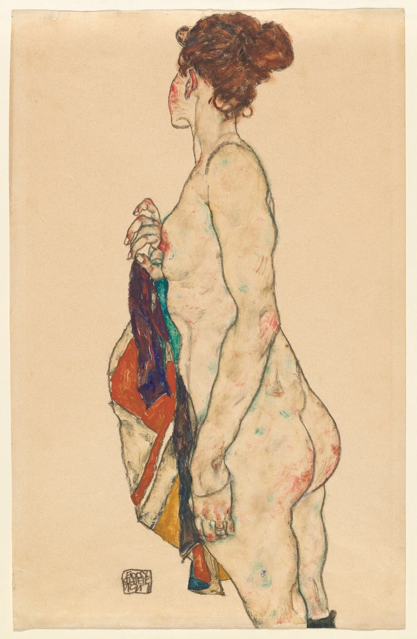 Standing Nude with a Patterned Robe, by Egon Schiele, gouache, 1917