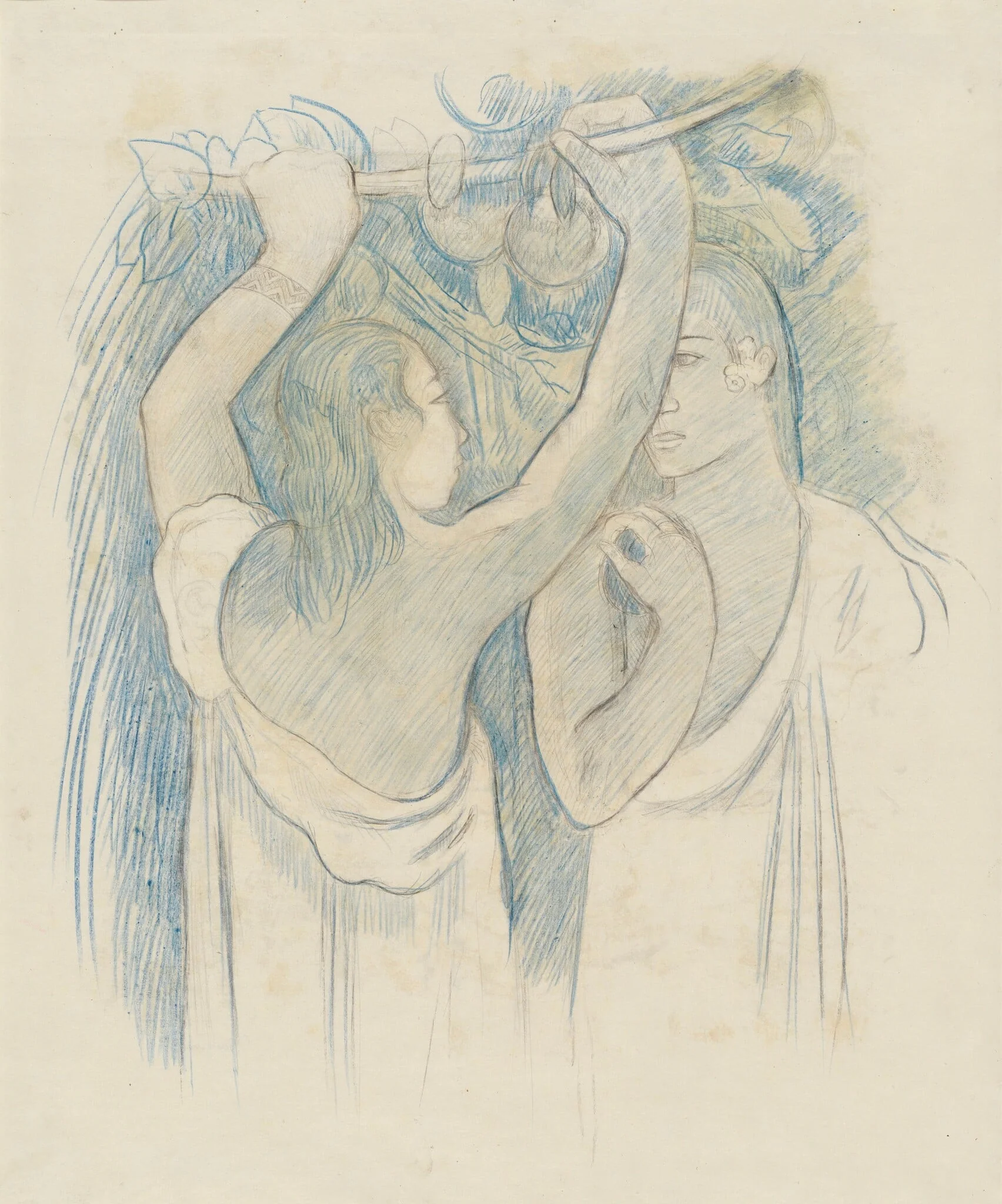 Two Tahitians Gathering Fruit [verso], by Paul Gauguin, graphite, 1900