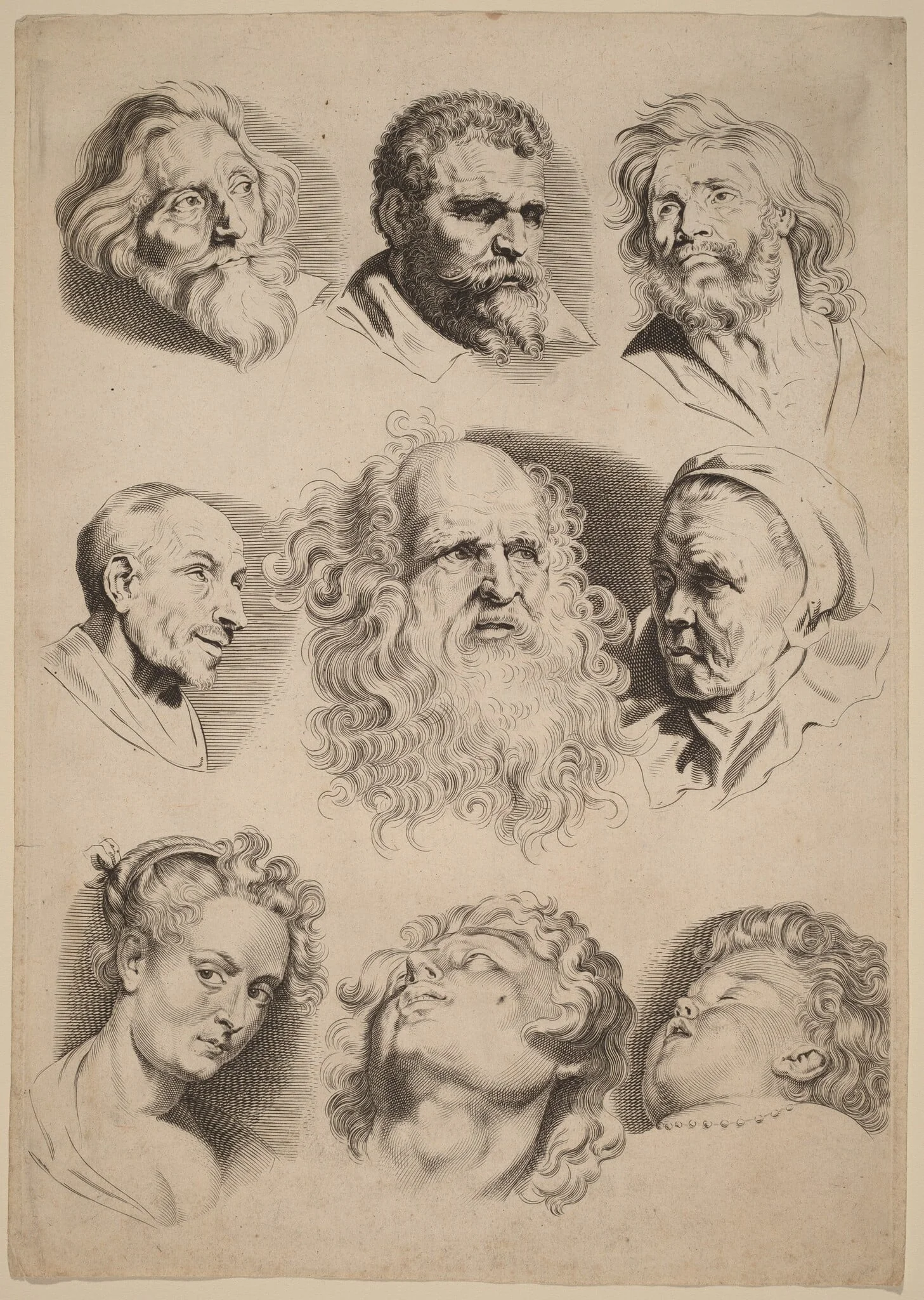 Nine Heads, by Paulus Pontius, ink, 1630