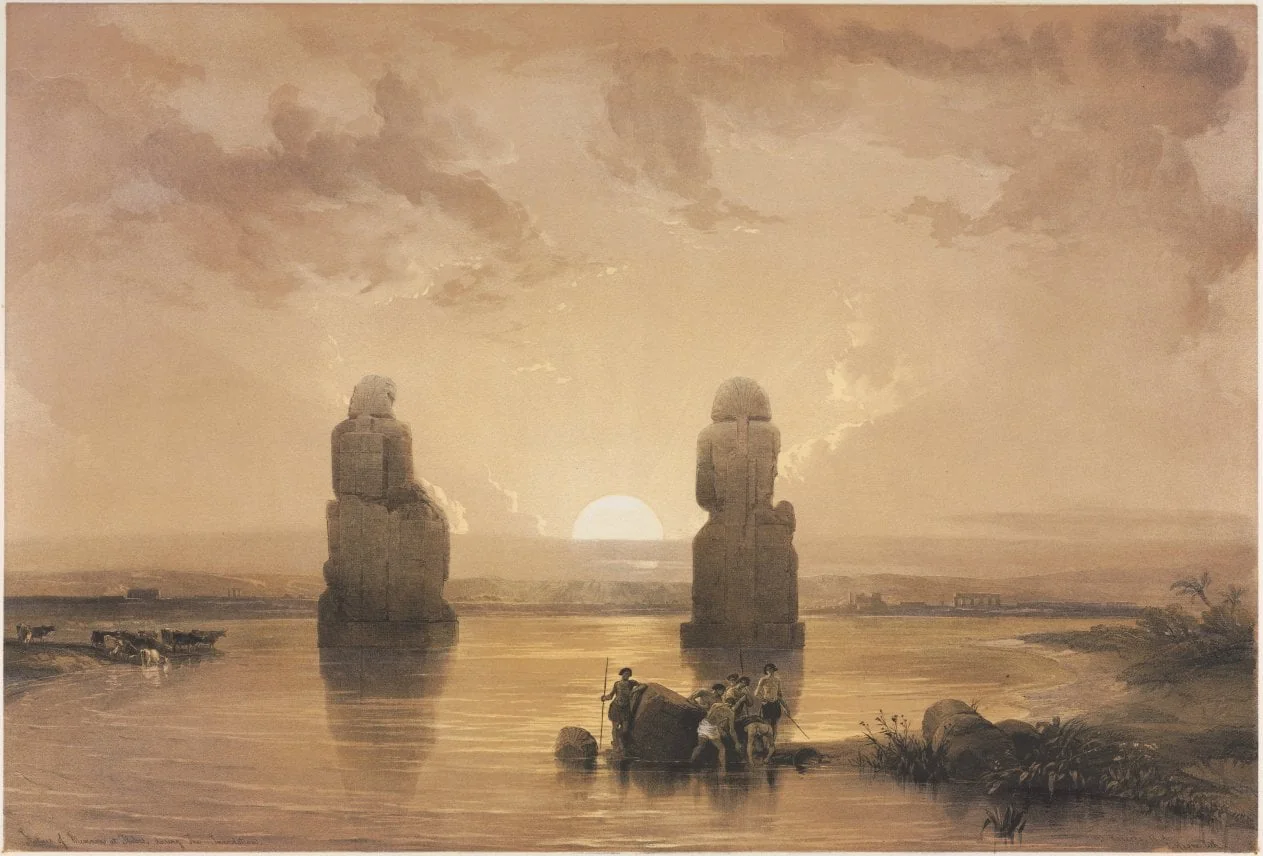 Egypt and Nubia, Volume II: Statues of Memnon at Thebes, during the Inundation, by Louis Haghe, 1848