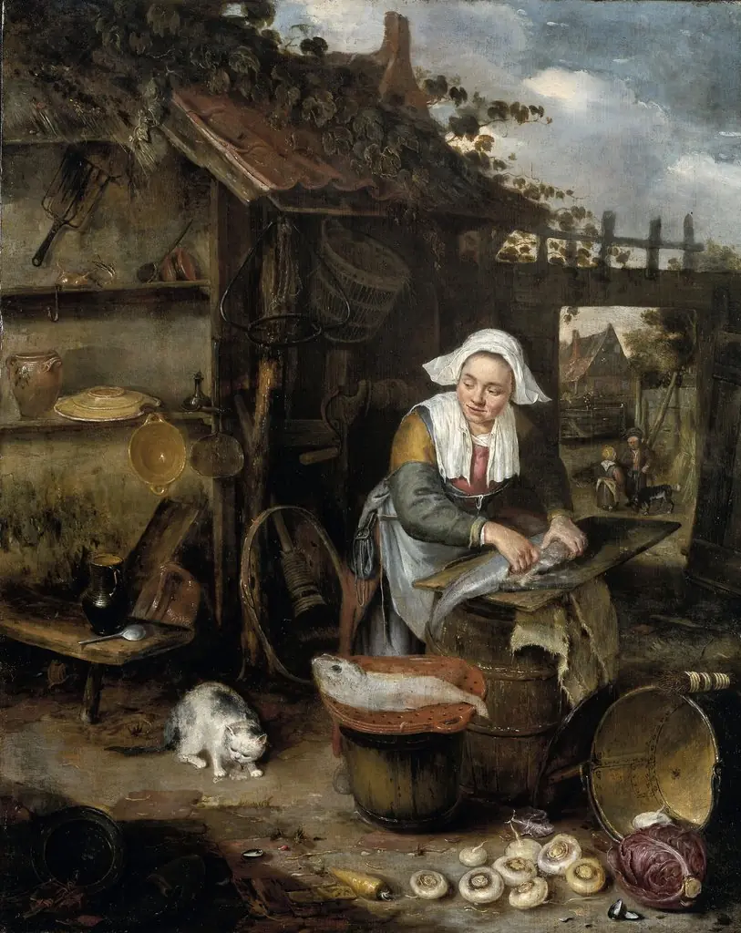 A housewife cleaning fish in a courtyard