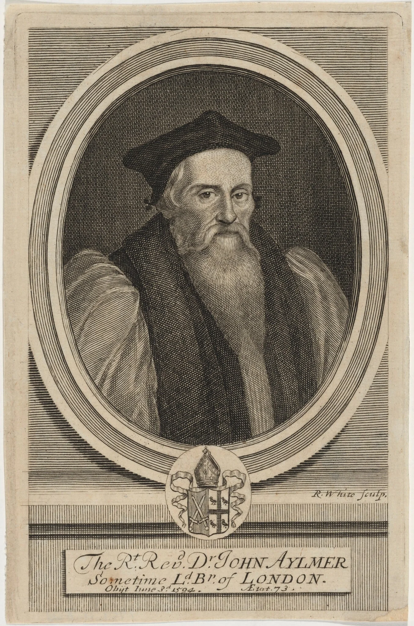 John Aylmer, D.D., Bishop of London, Preceptor to Lady Jane Grey, by Robert White, ink, 1701