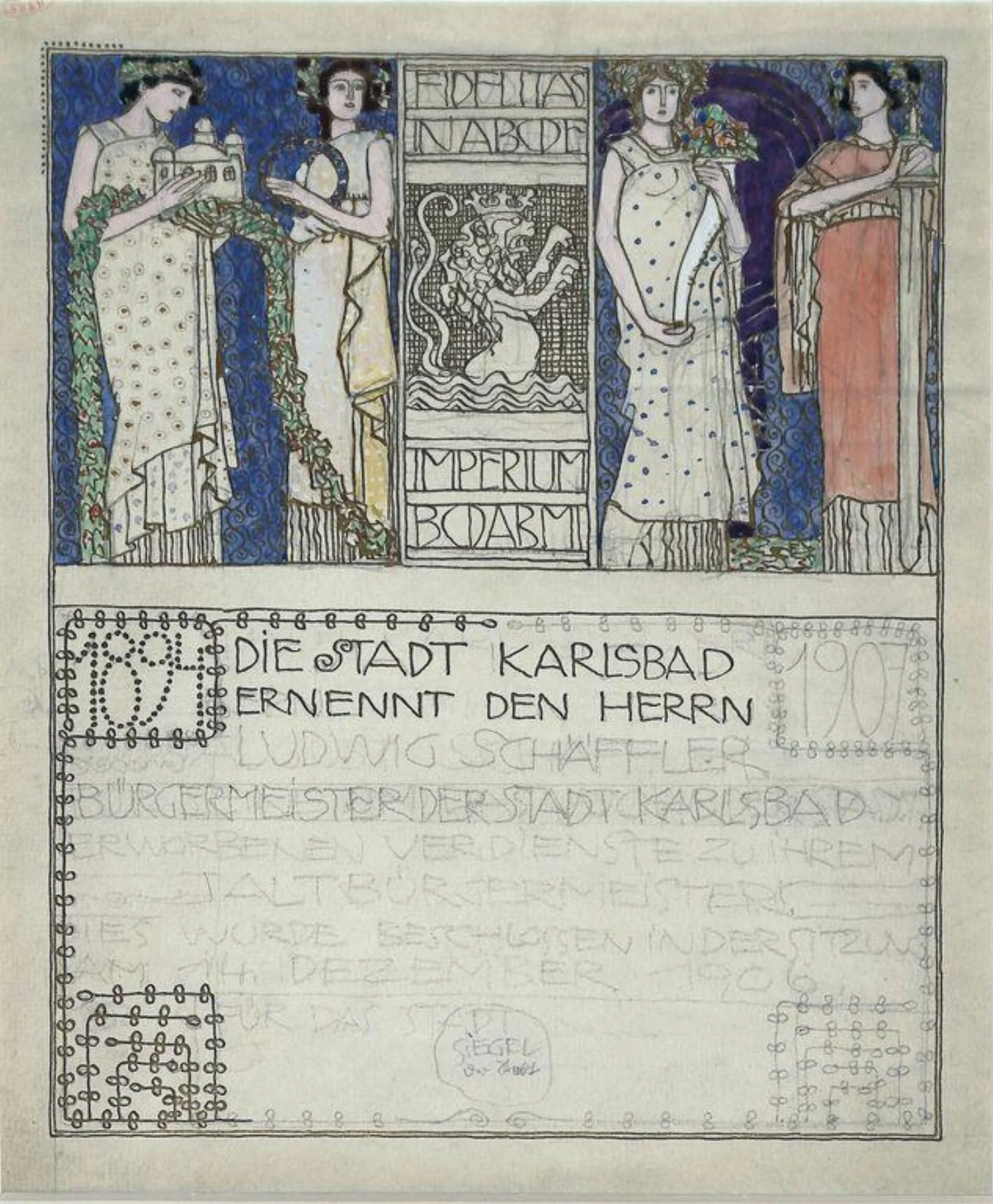 Design for a document for presentation to a mayor of Karlsbad, by Bertold Löffler, watercolor, 1907
