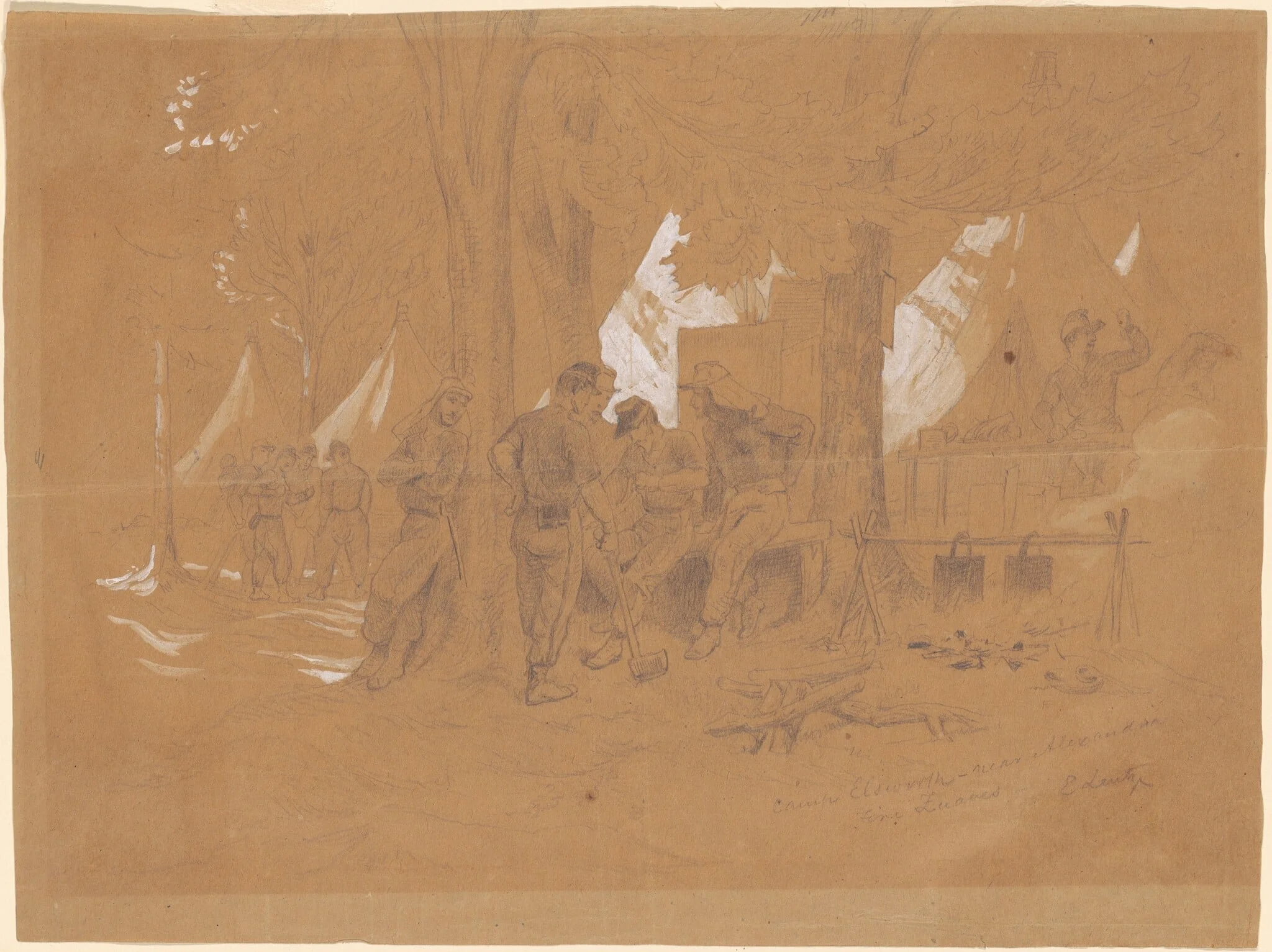 Camp Ellsworth, Near Alexandria—Five Zouaves, by Emanuel Leutze, gouache, 1864