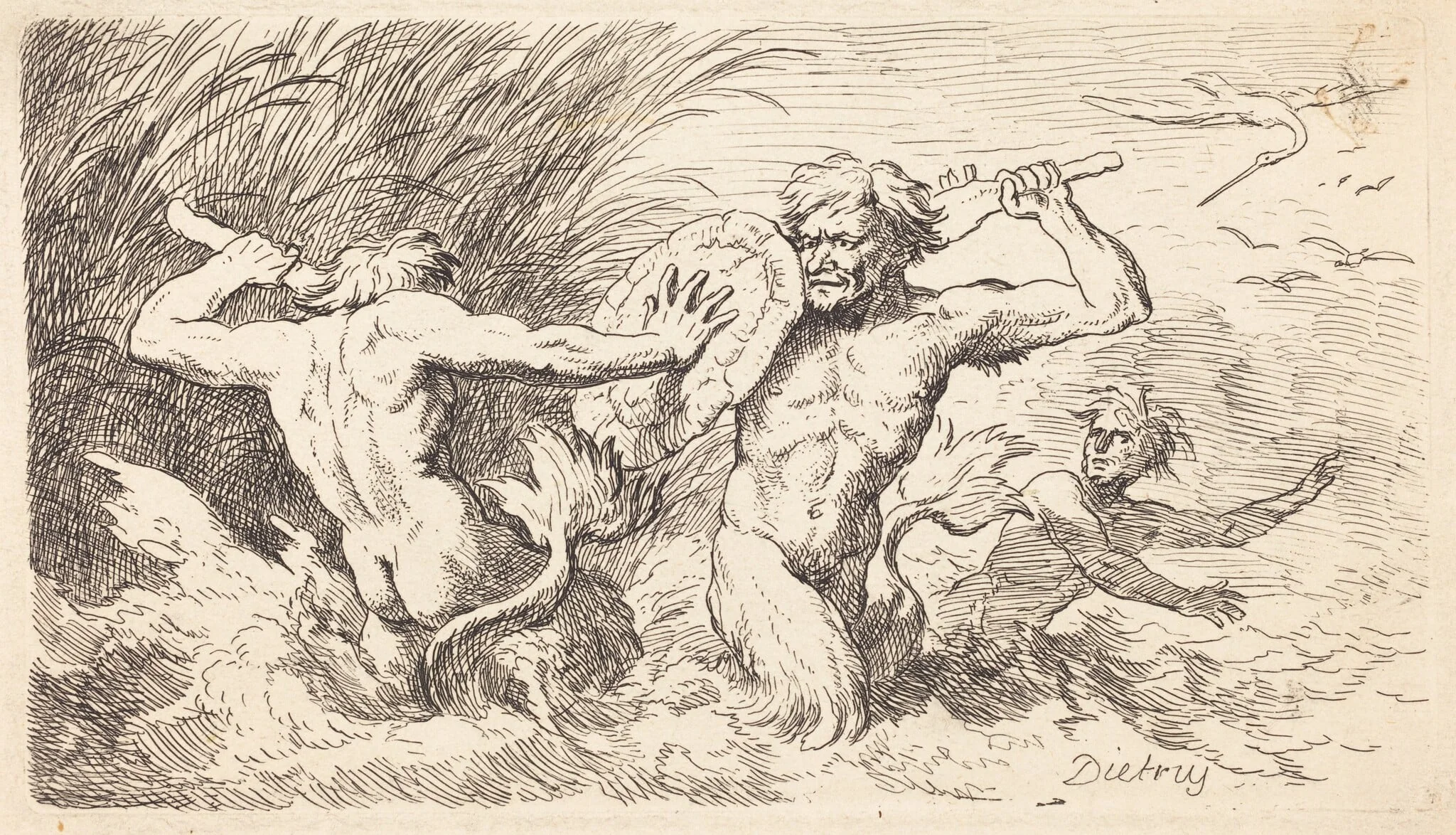 Battling Tritons, by Christian Wilhelm Ernst Dietrich, ink, 1763