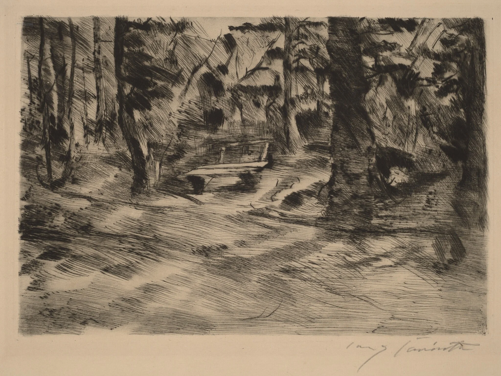 Bank im Walde II (Bench in the Woods II), by Lovis Corinth, ink, 1917
