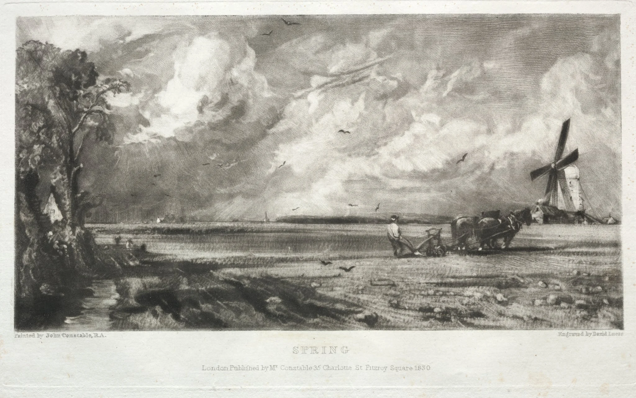Various Subjects of Landscape, Characteristic of English Scenery from Pictures Painted by John Constable, R.A.:  Spring.  A Mill on a Common.  Hail Squalls.  East Bergholt, Suffolk, by David Lucas, 1832