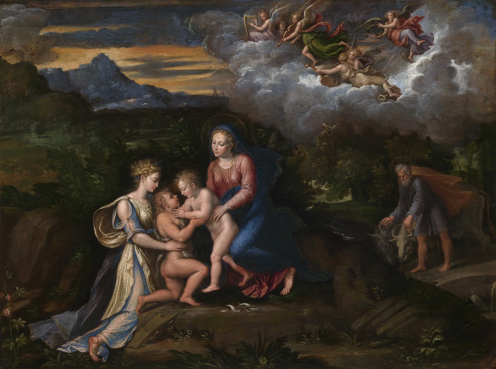 Virgin and Child in a Landscape with the Child Baptist and Saint Catherine of Alexandria, by Girolamo da Carpi, oil, 1545