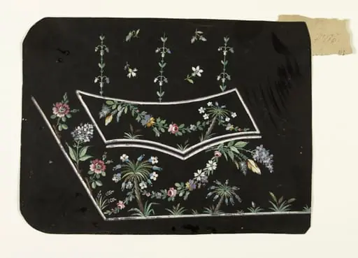 Composition sur fond noir avec palmiers fleuris, fleurs sur branches et guirlandes de fleurs, projets de broderies de gilet, XVIIIème siècle