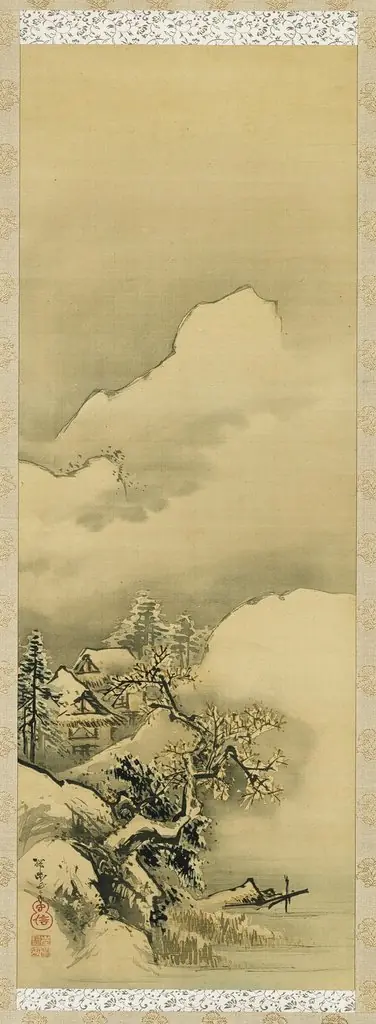 Houses and Trees beneath Snowy Mountains
