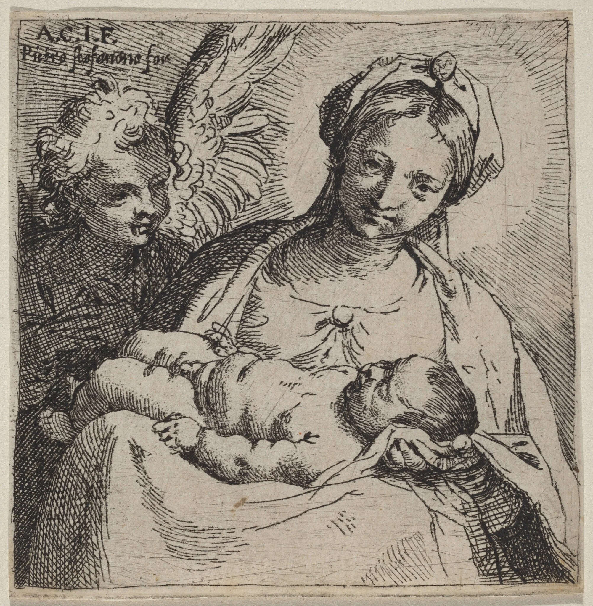 Madonna and Child with an Angel, by Annibale Carracci, ink, 1592