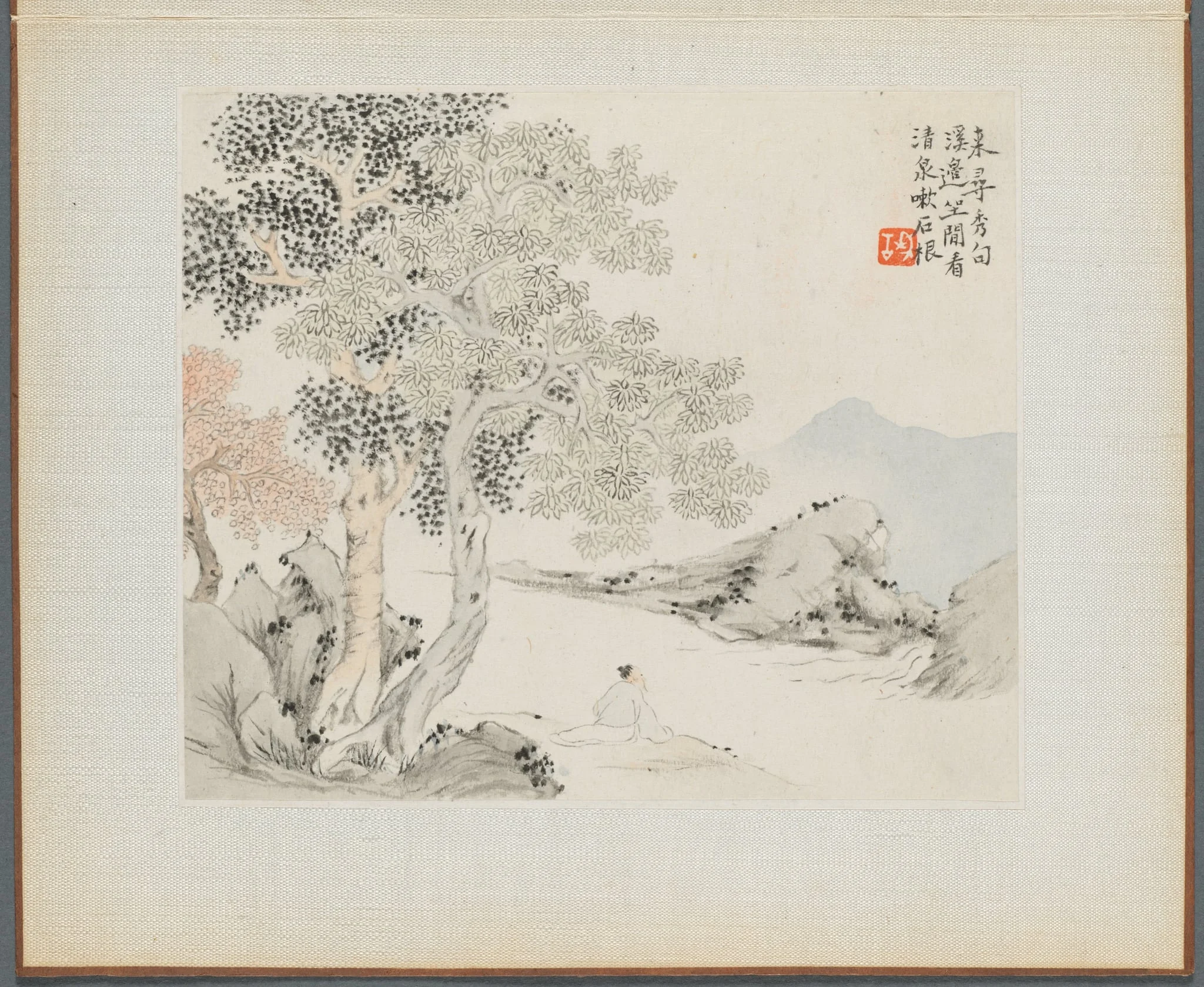 Album of Landscape Paintings Illustrating Old Poems:  Three Big Trees, a Stream with an Old Man Sitting on the Bank, by Hua Yan, unspecified, 1745