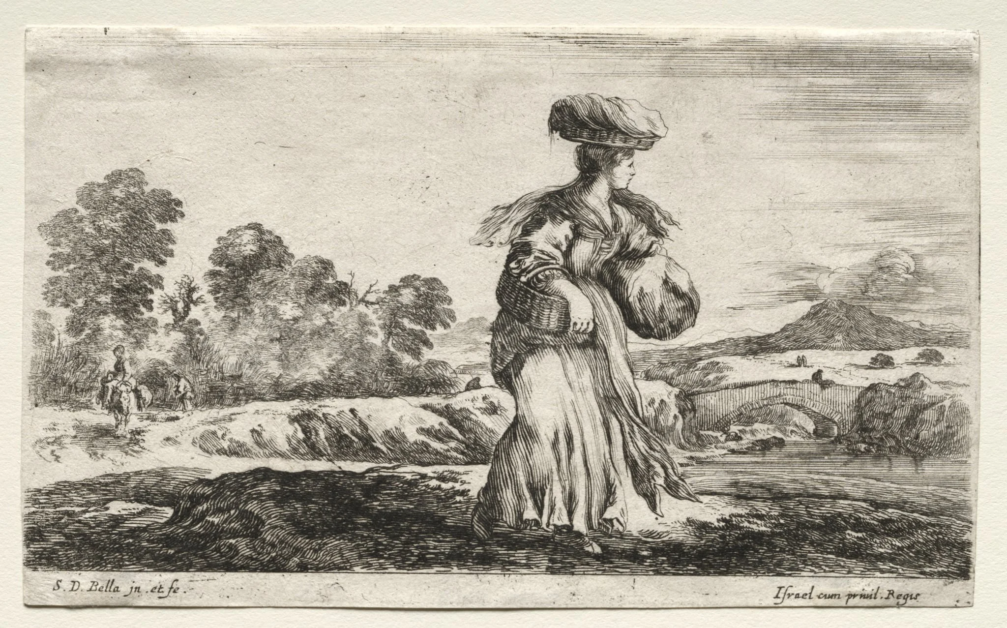 Various Figures and Landscapes:  Peasant Woman Carrying a Basket on her Head, by Stefano Della Bella, 1649
