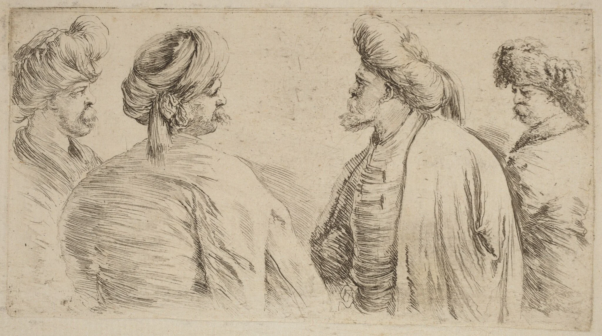 Four Turks Wearing Turbans, by Stefano Della Bella, ink, 1637