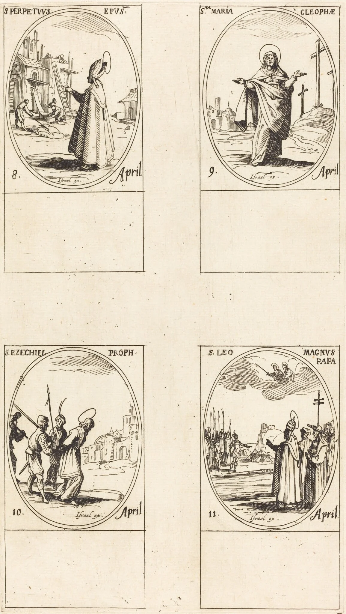 St. Perpetuus; St. Mary of Cleophas; St. Ezechiel; St. Leo the Great, by Jacques Callot, ink, 1634
