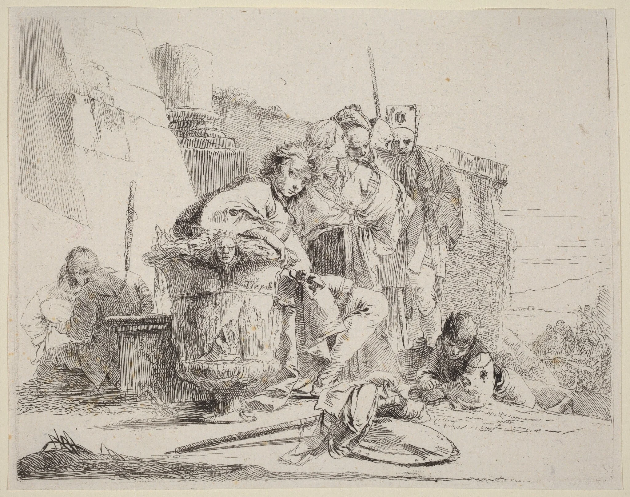 Seated Youth Leaning Against an Urn, by Giovanni Battista Tiepolo, ink, 1785