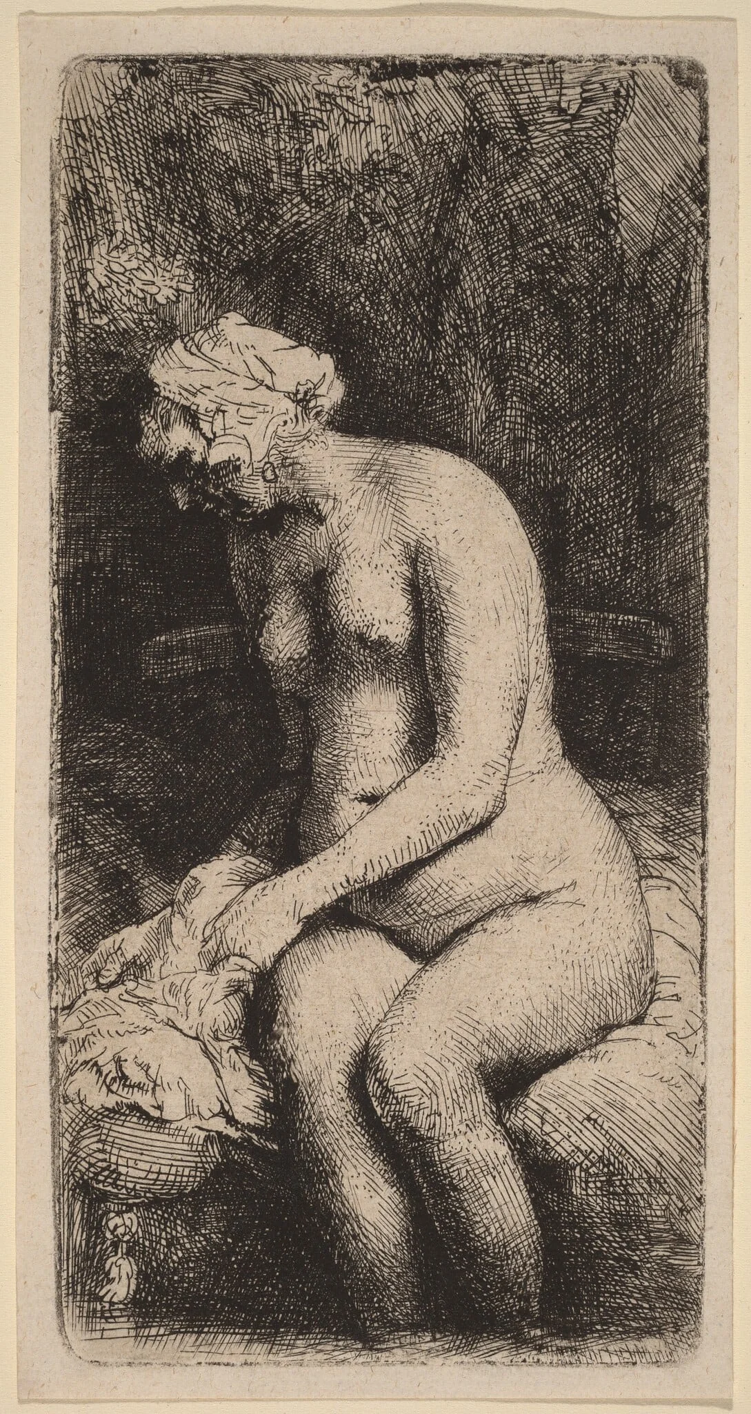 Nude Seated on a Bench with a Pillow (Woman Bathing Her Feet at a Brook), by Rembrandt, ink, 1658