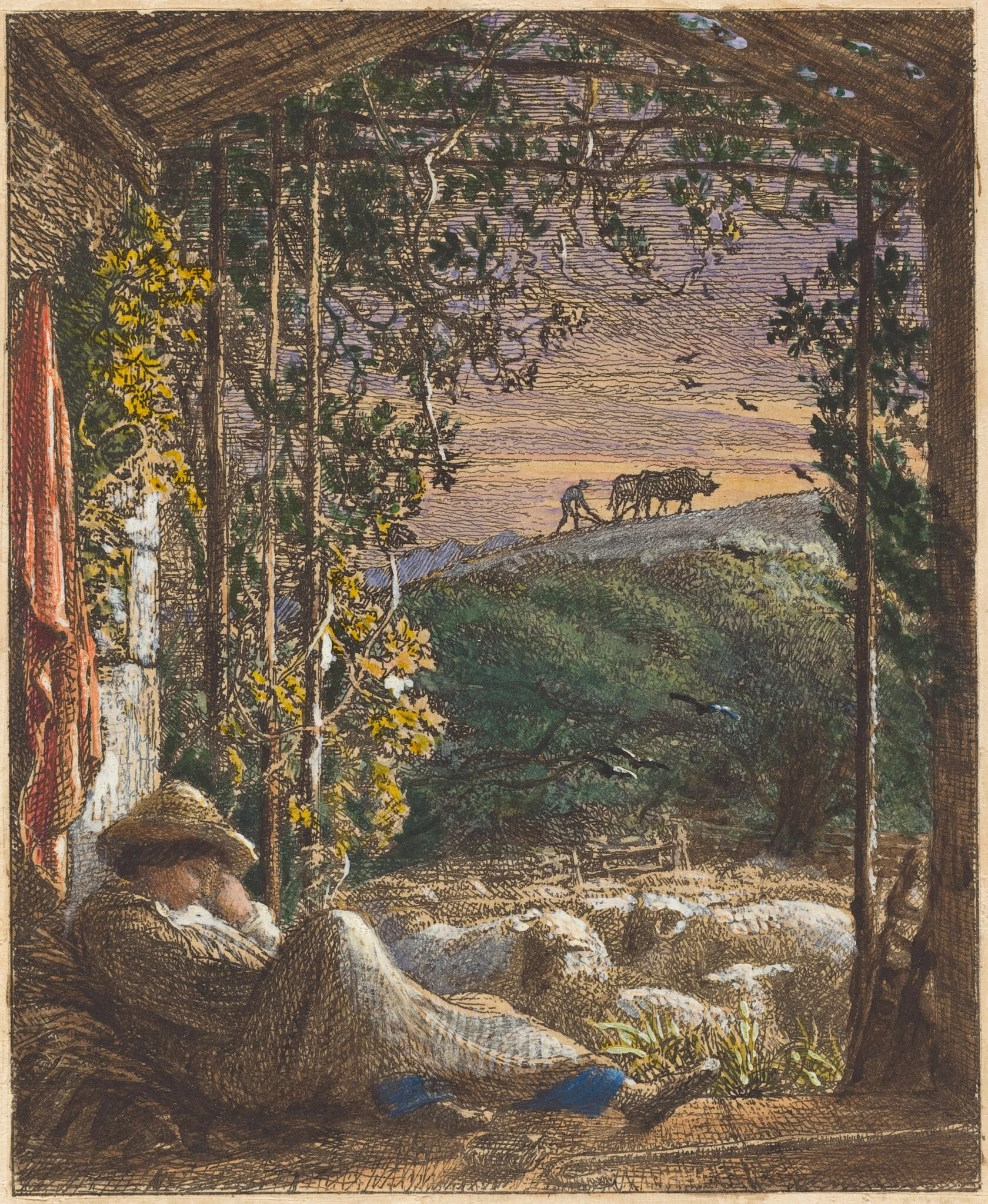 The Sleeping Shepherd; Early Morning, by Samuel Palmer, watercolor, 1857