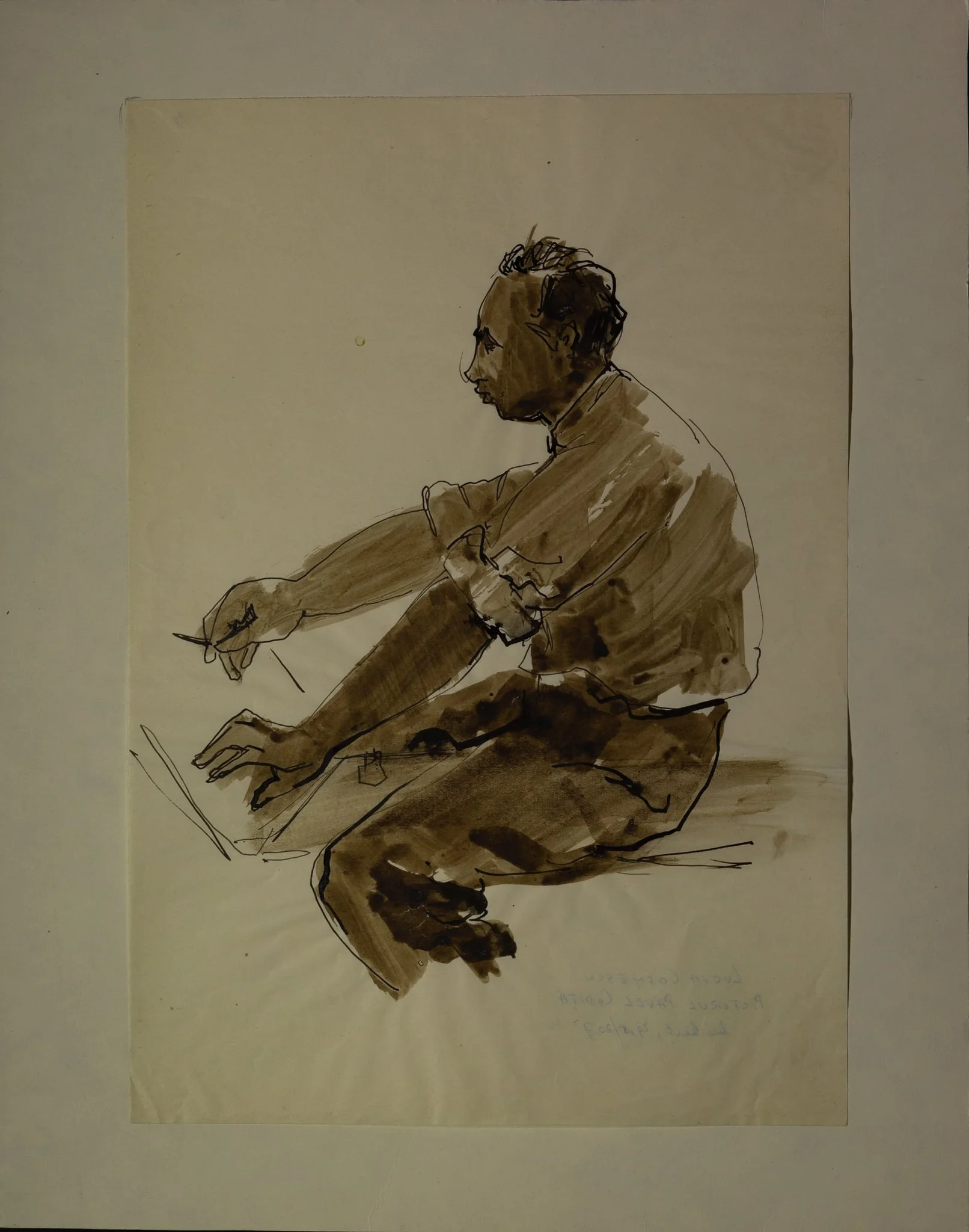 Portret al pictorului Pavel Codiță, din profil, spre stânga. Redat până la brâu, așezat, desenând. Lucia Cosmescu (1916-1969) a fost pictoriță și graficiană româncă, Născută în Galați, a făcut studii de pictură la Academia de Arte Frumoase din București.
