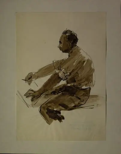 Portret al pictorului Pavel Codiță, din profil, spre stânga. Redat până la brâu, așezat, desenând. Lucia Cosmescu (1916-1969) a fost pictoriță și graficiană româncă, Născută în Galați, a făcut studii de pictură la Academia de Arte Frumoase din București.