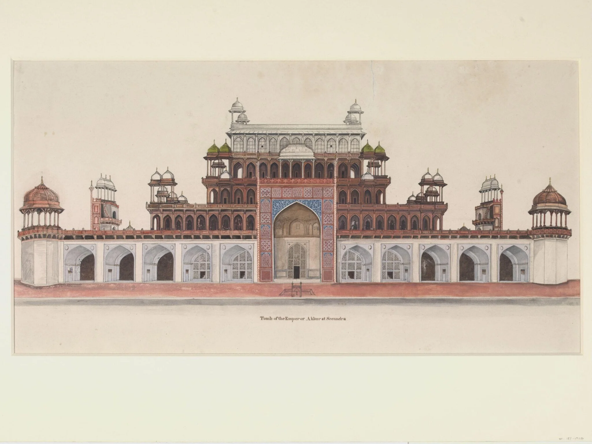 Elevation of the front of the mausoleum of the  Emperor Akbar at Sikandra near Agra, by Unknown, 1819