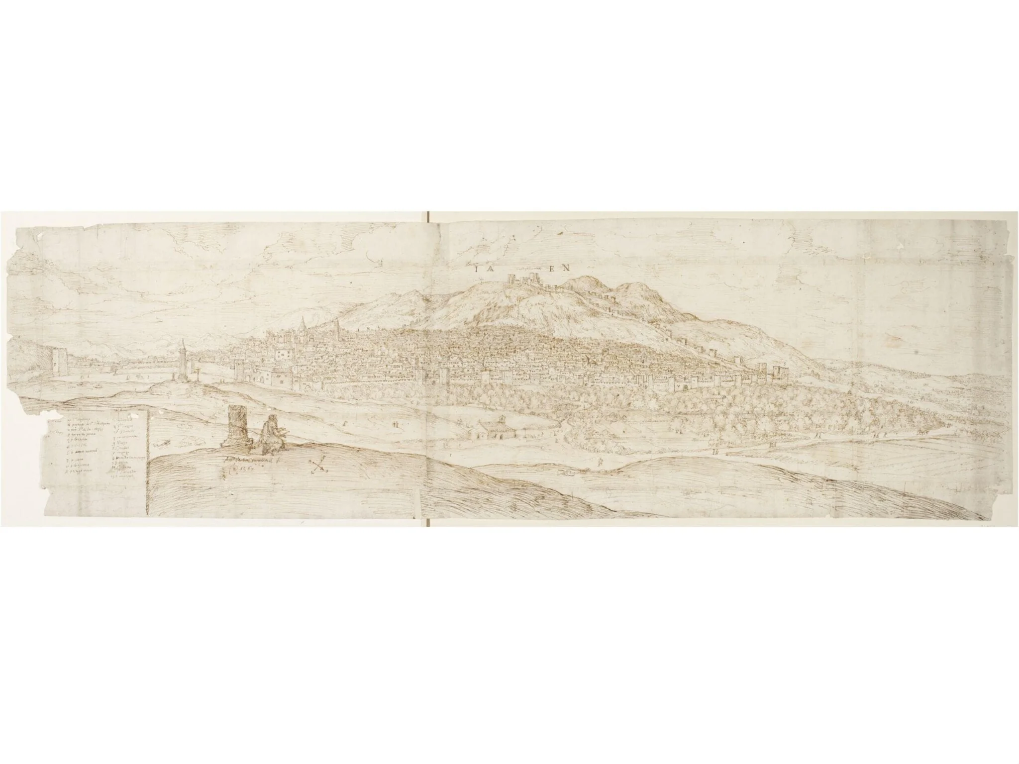 Panoramic View of Jaén, with the Figure of a Man Sketching in the Foreground, by Anton van den Wyngaerde, 1567