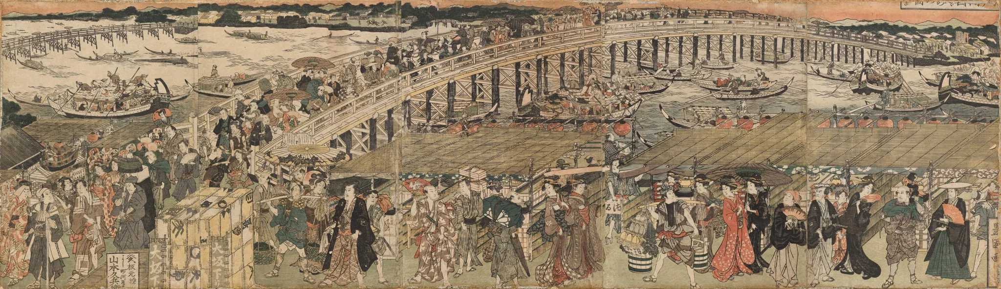 Cooling Off at Ryōgoku Bridge in Edo, a Pentaptych  (Edo Ryôgoku suzumi no zu, gomai tsuzuki), by Utagawa Toyokuni I, 1811